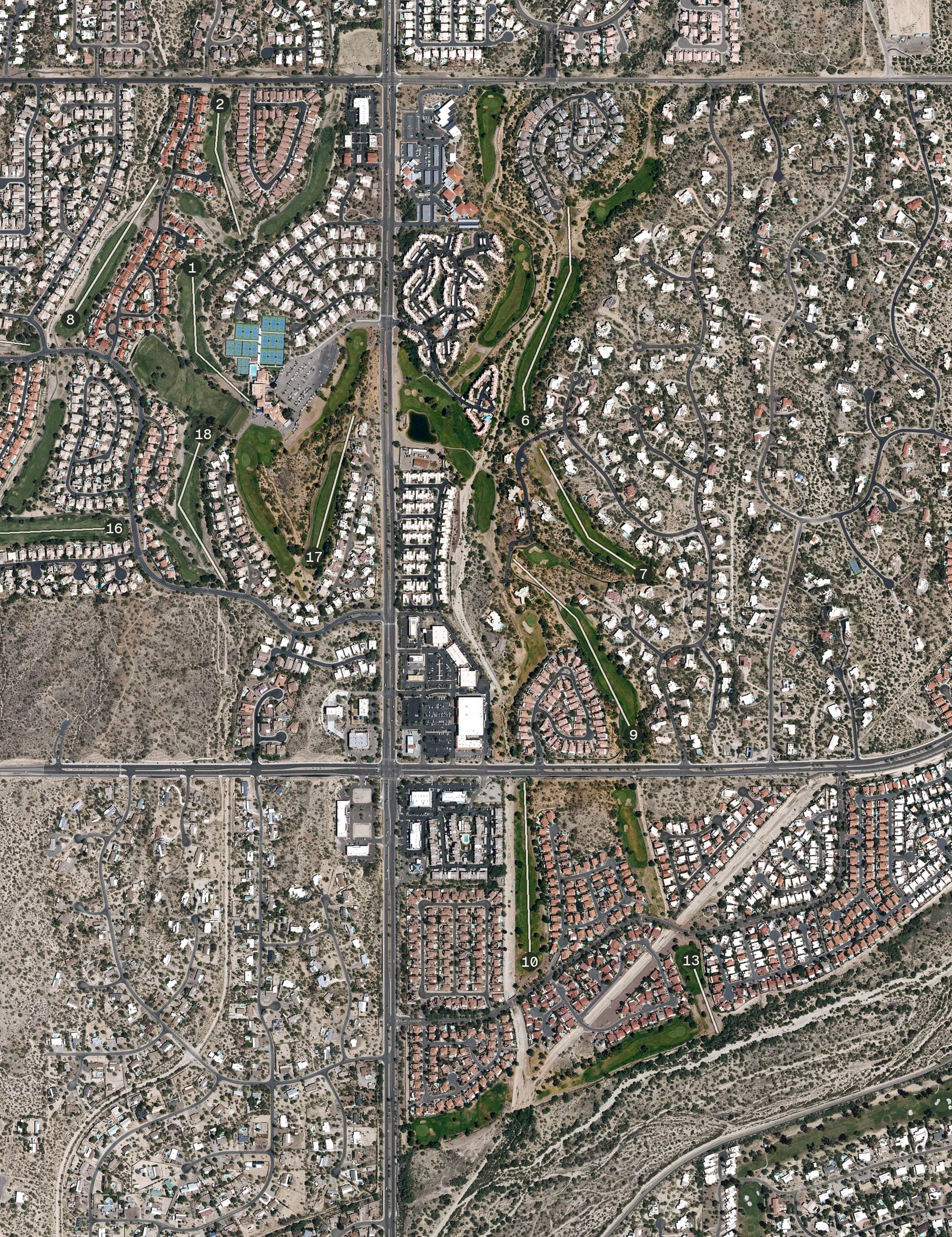 Aerial view of Cañada Course, AZ, with its hole routing marked
