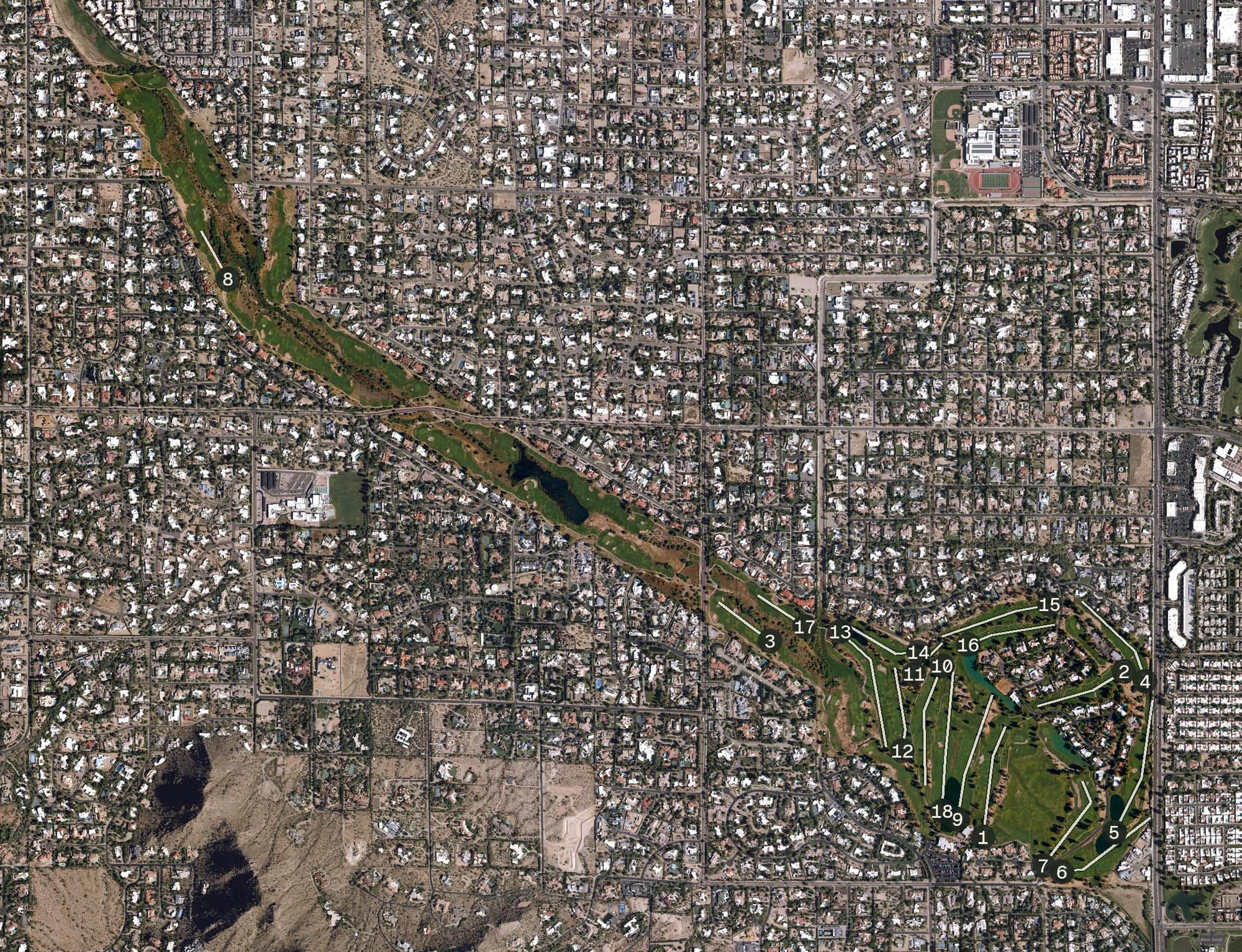 Aerial view of Camelback Golf Club, AZ, with its hole routing marked
