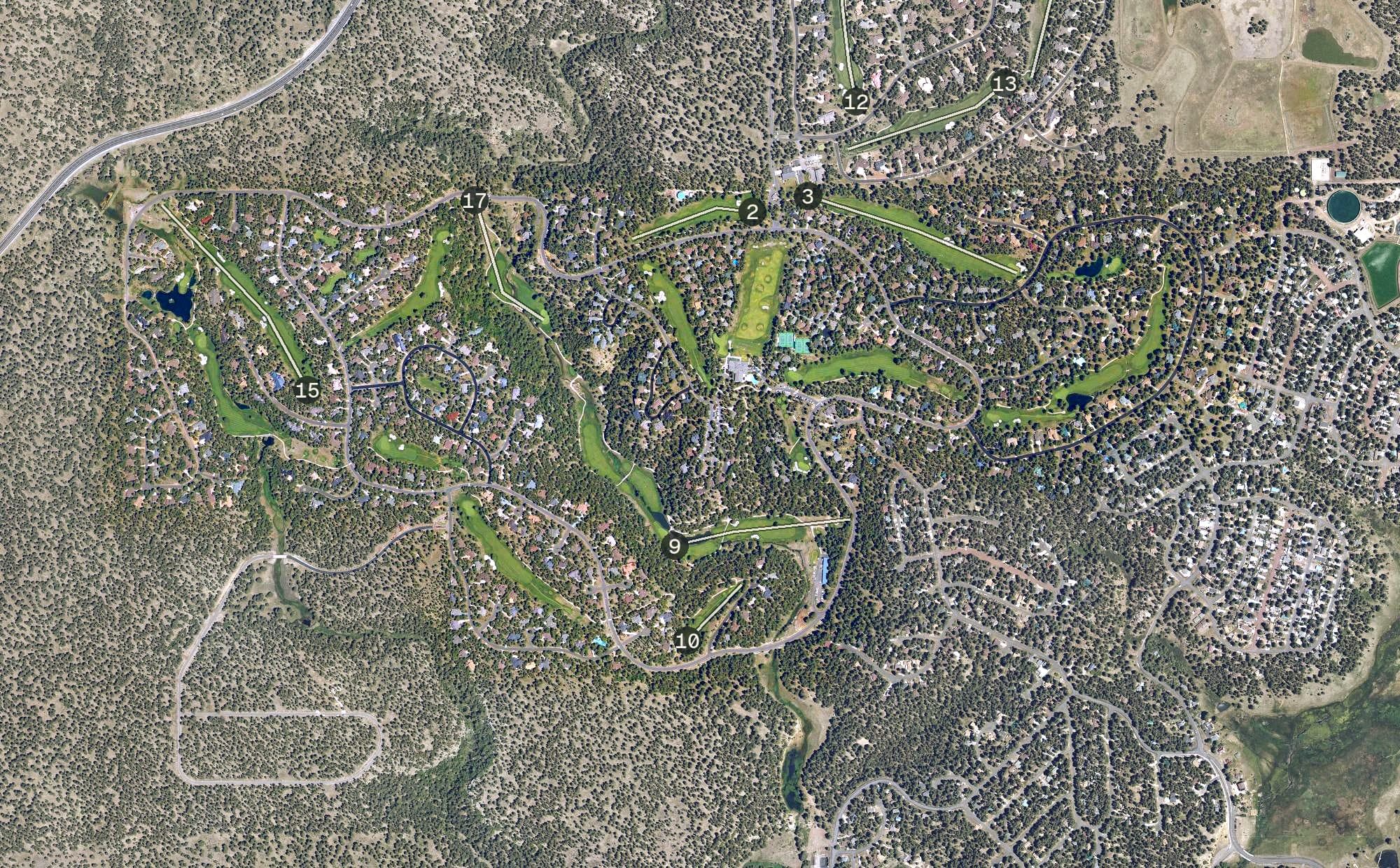 Aerial view of Canyon At Forest Highlands, AZ, with its hole routing marked