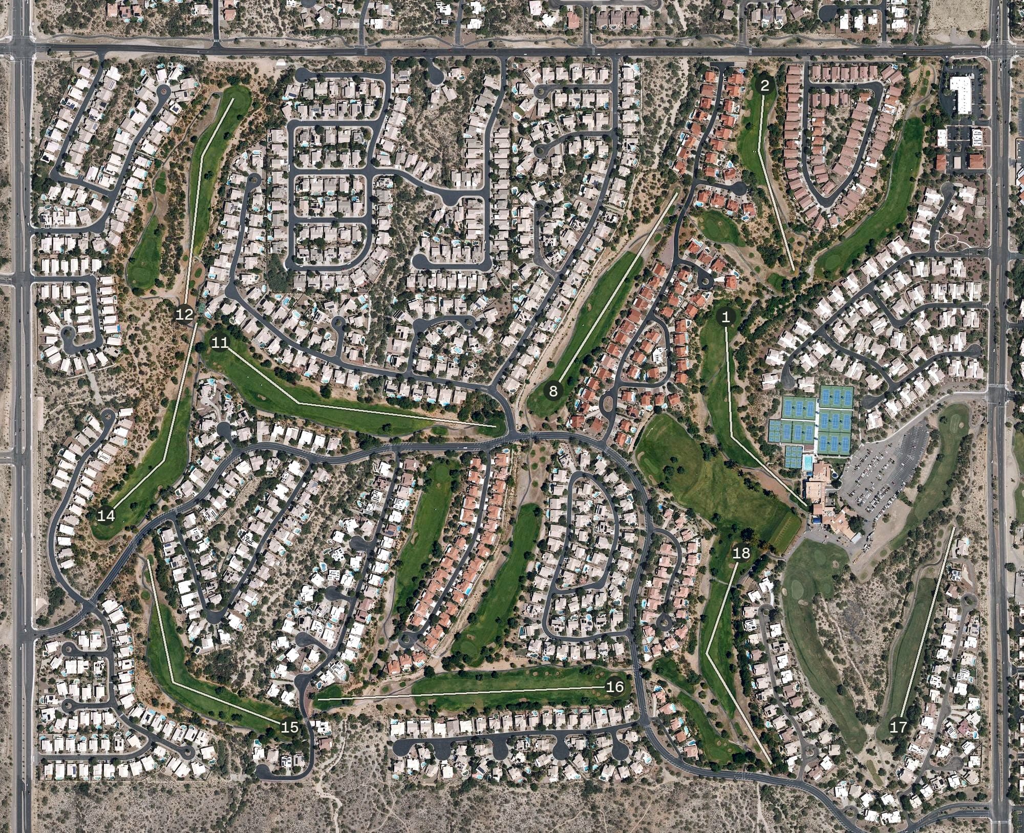 Aerial view of Conquistador Course, AZ, with its hole routing marked
