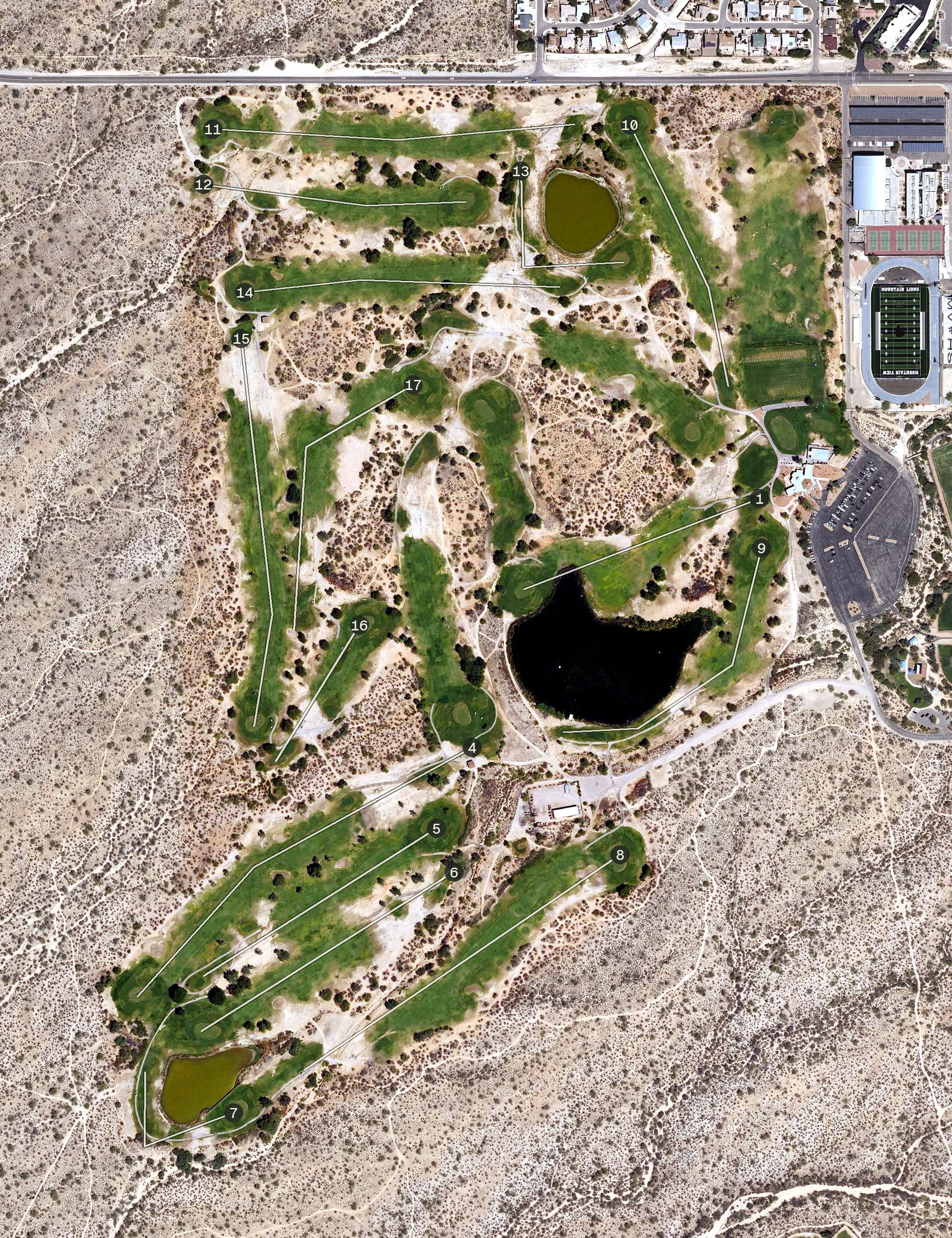 Aerial view of Crooked Tree Golf Course, AZ, with its hole routing marked
