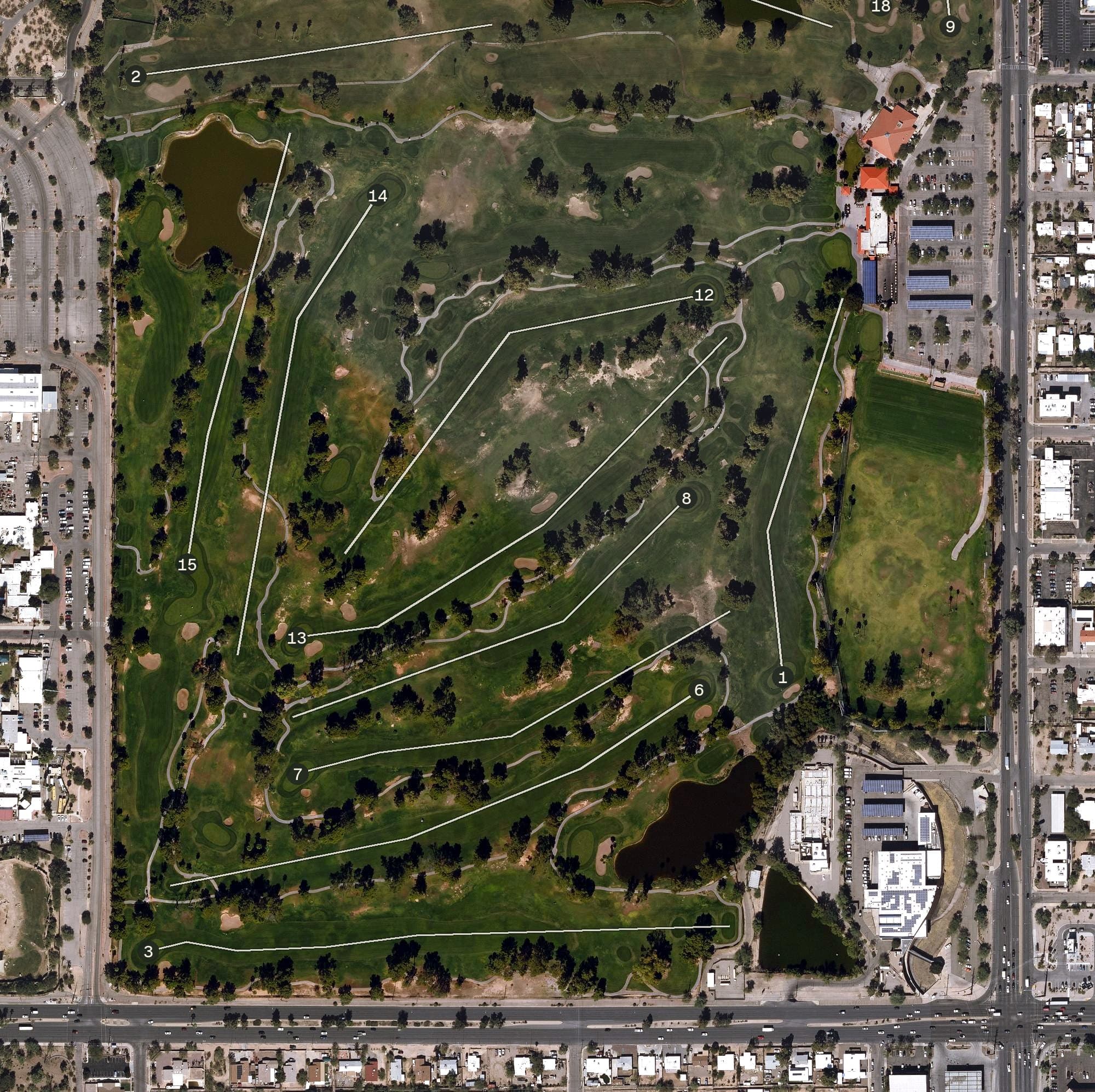 Aerial view of Dell Urich Course, AZ, with its hole routing marked