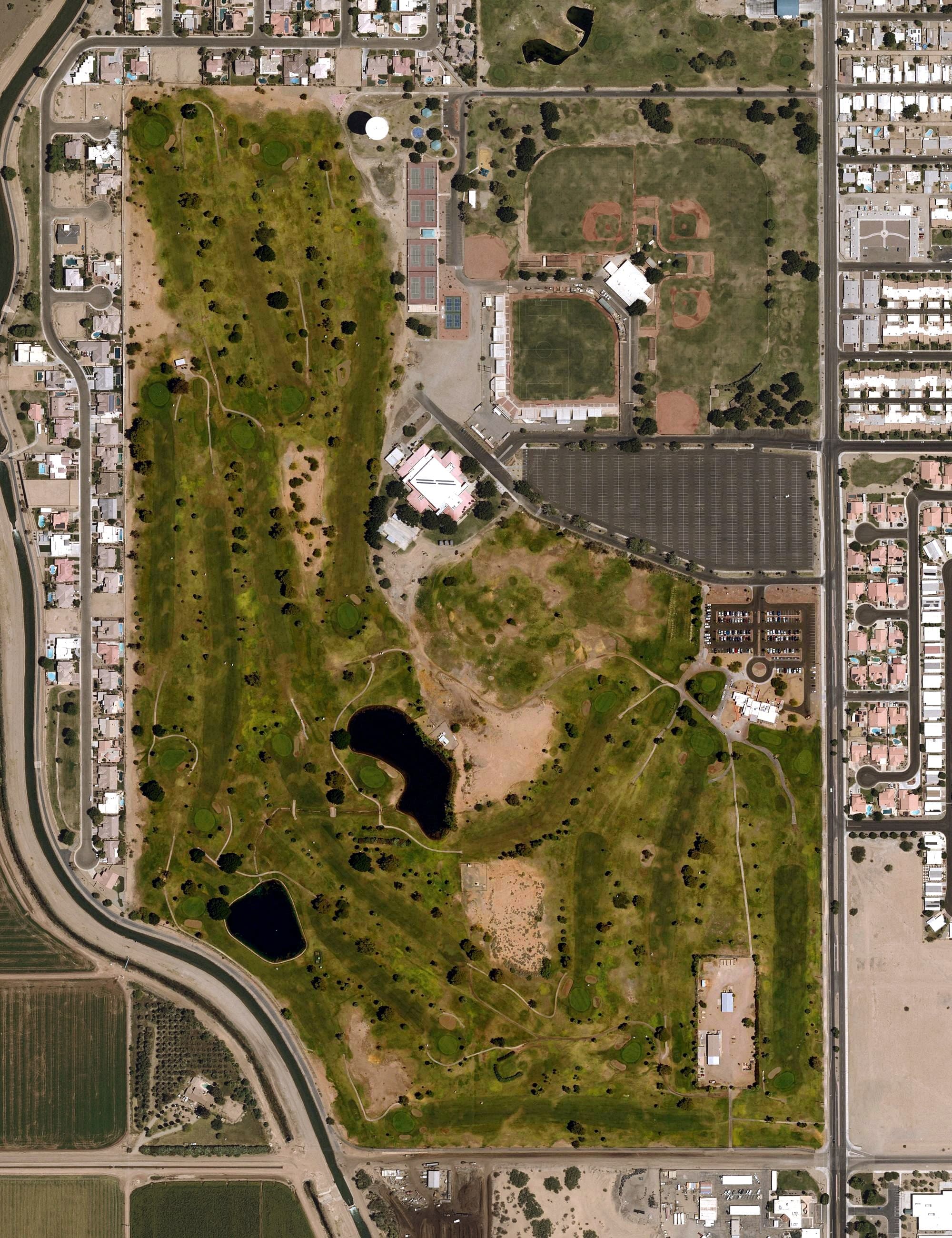 Aerial view of Desert Hills Golf Course, AZ, with its hole routing marked