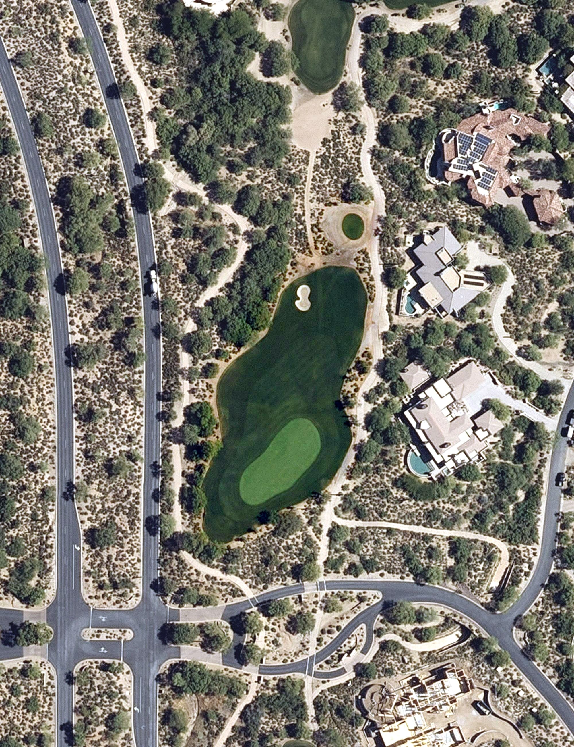 Aerial view of Desert Mountain Apache Golf Course, AZ, with its hole routing marked