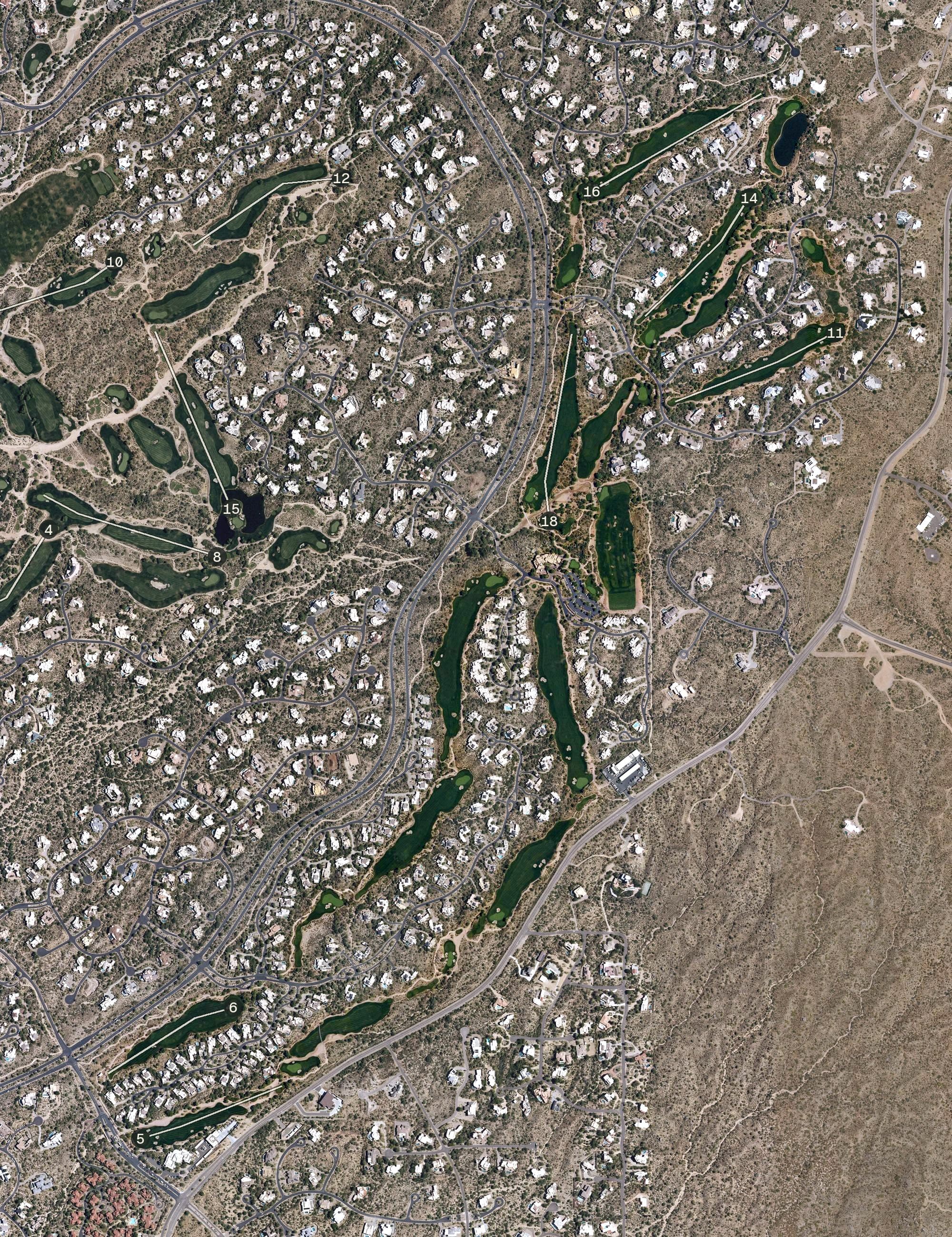 Aerial view of Desert Mountain Apache Golf Course, AZ, with its hole routing marked