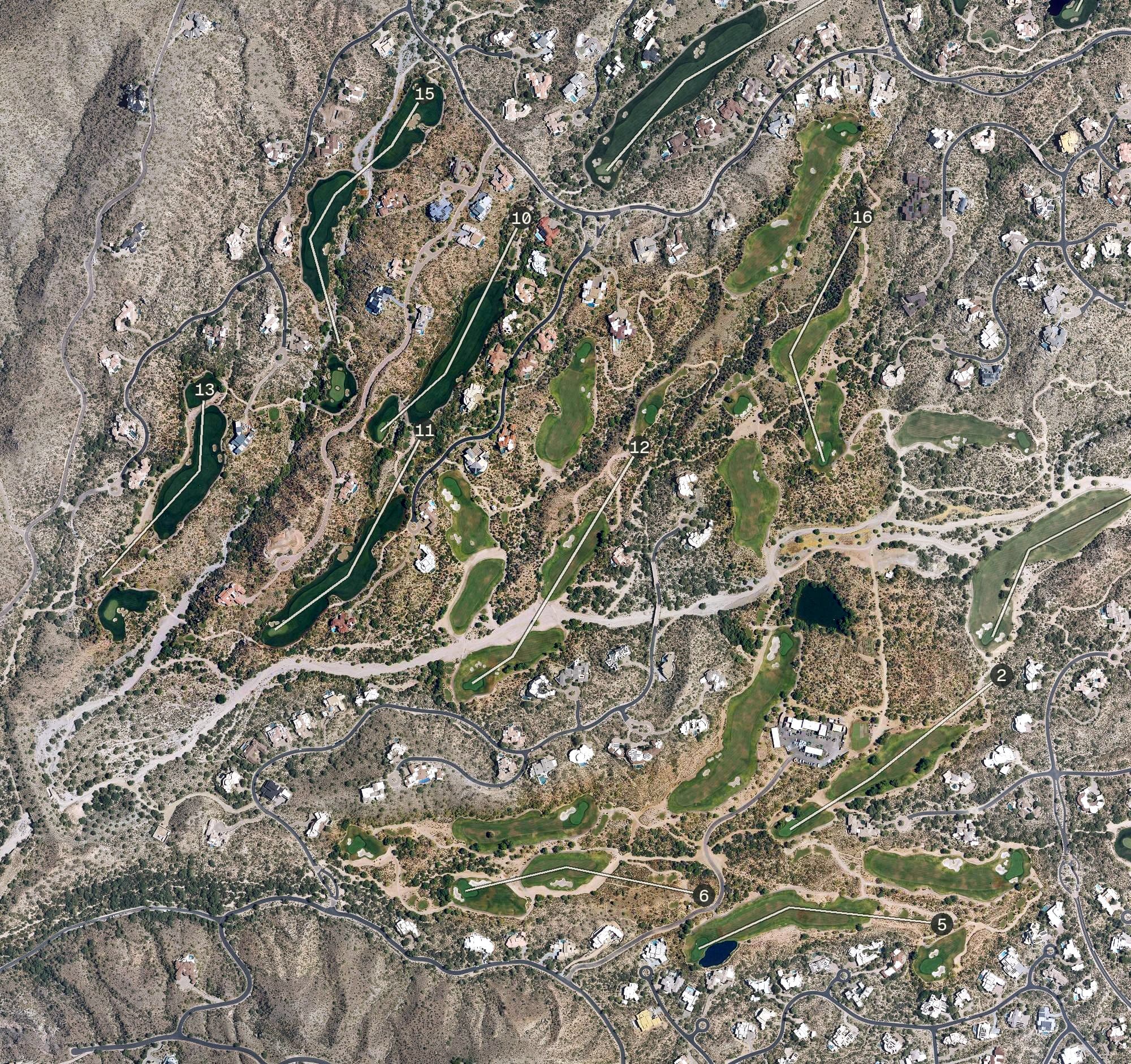 Aerial view of Desert Mountain Geronimo Golf Course, AZ, with its hole routing marked