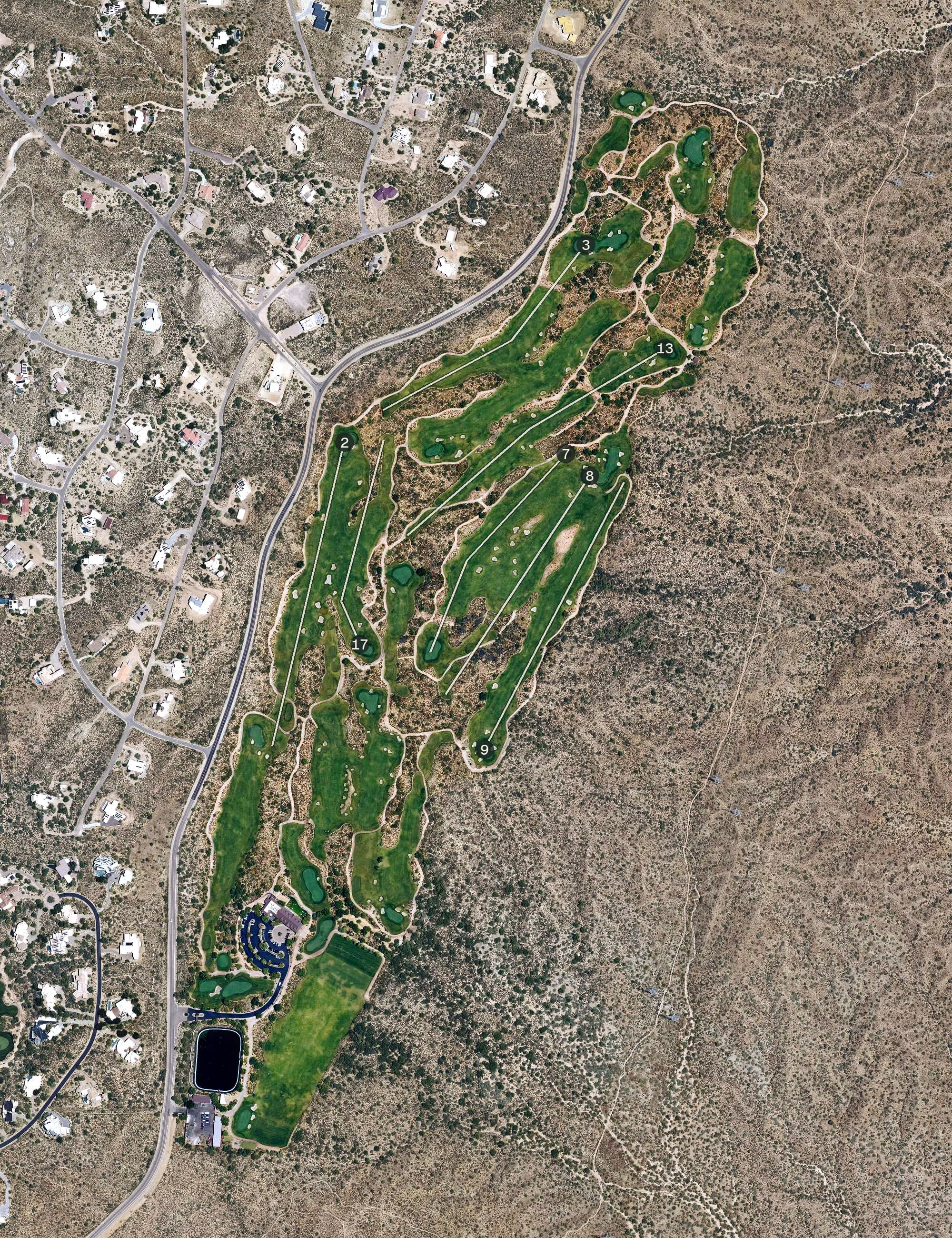 Aerial view of Desert Mountain Outlaw Golf Course, AZ, with its hole routing marked
