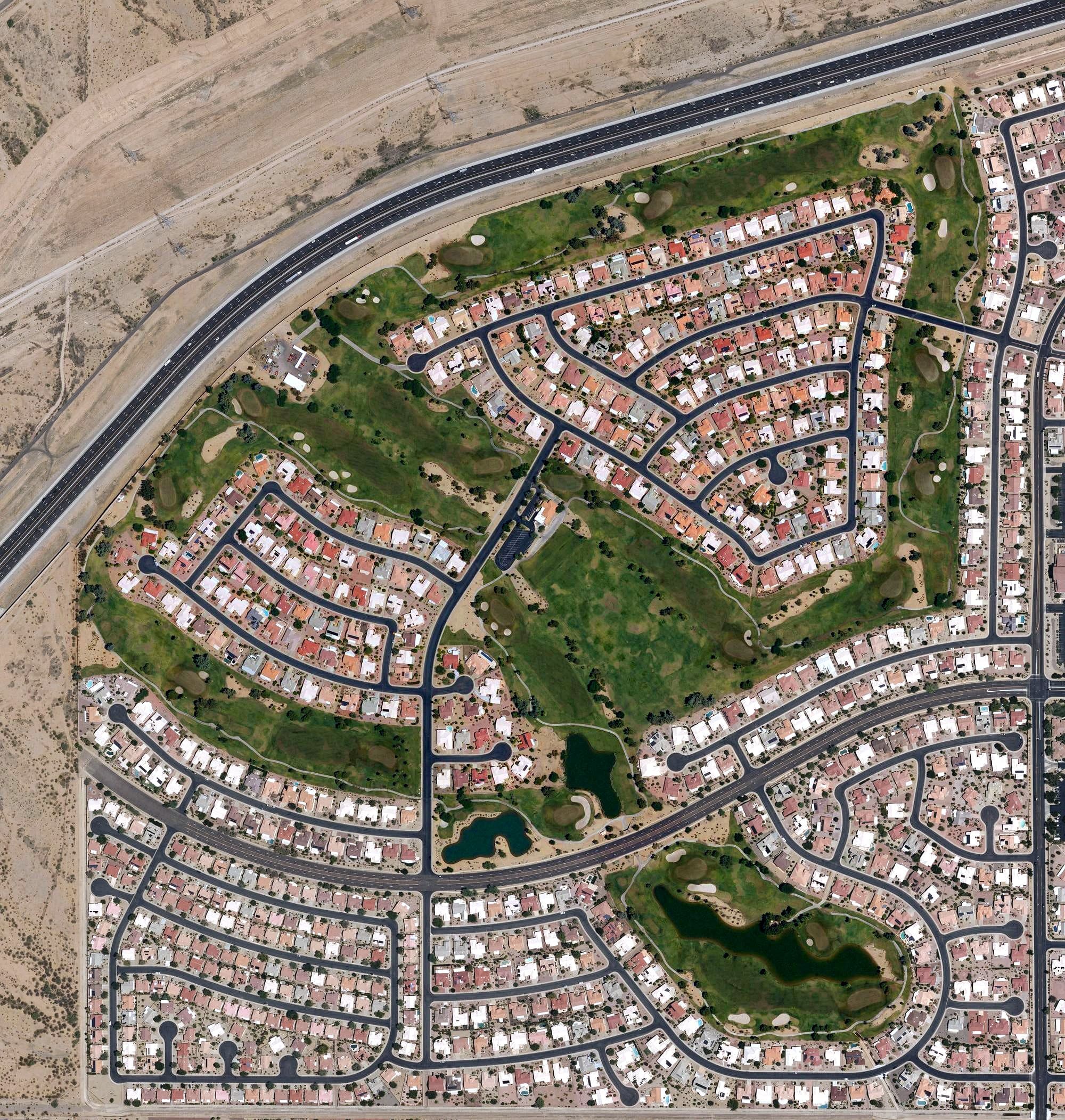 Aerial view of Desert Trails Golf Course, AZ, with its hole routing marked