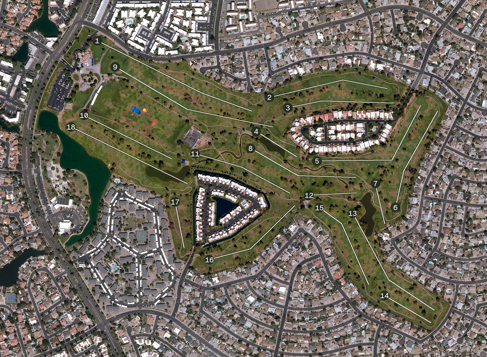 Aerial view of Dobson Ranch Golf Course, AZ, with its hole routing marked