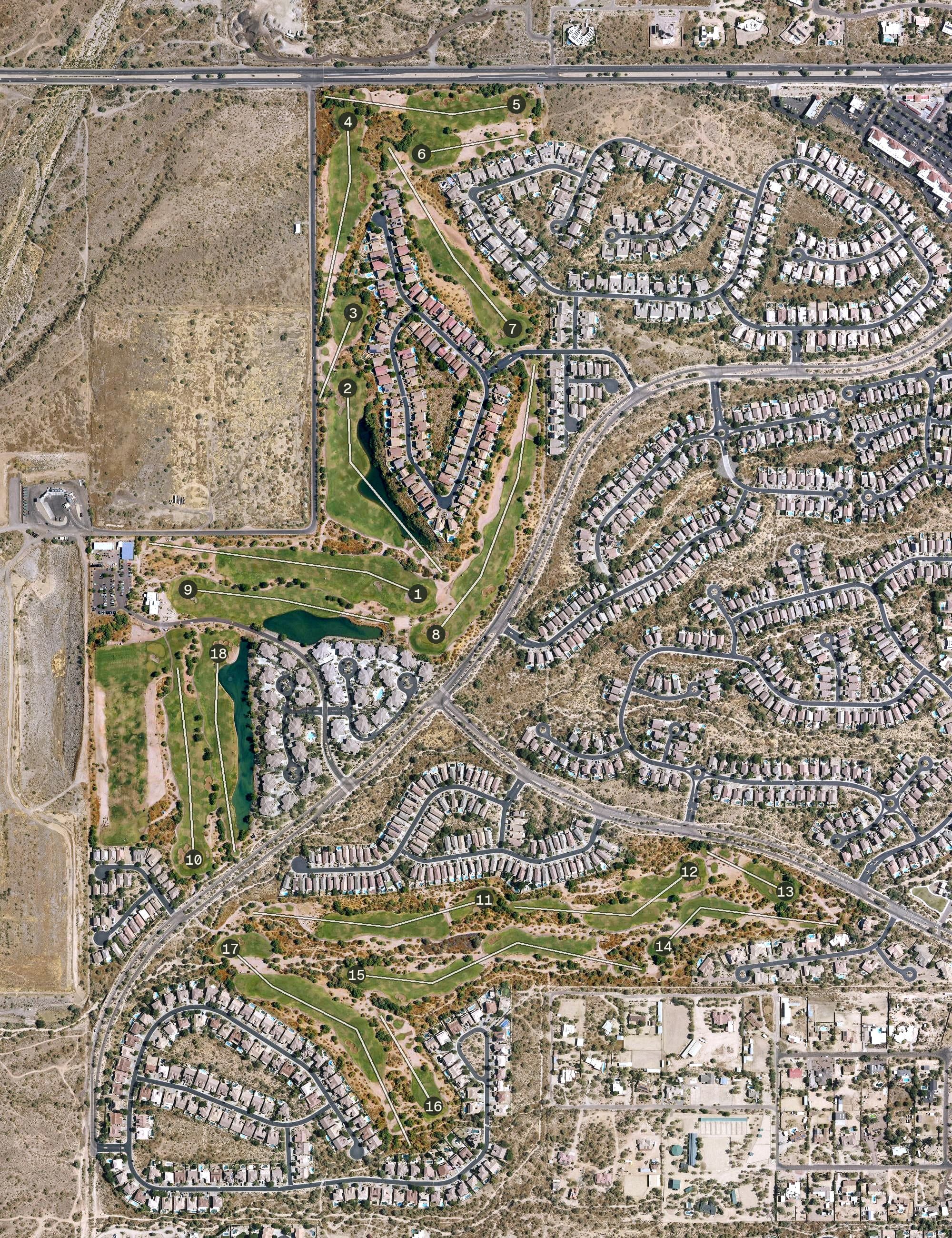 Aerial view of Dove Valley Ranch Golf Course, AZ, with its hole routing marked
