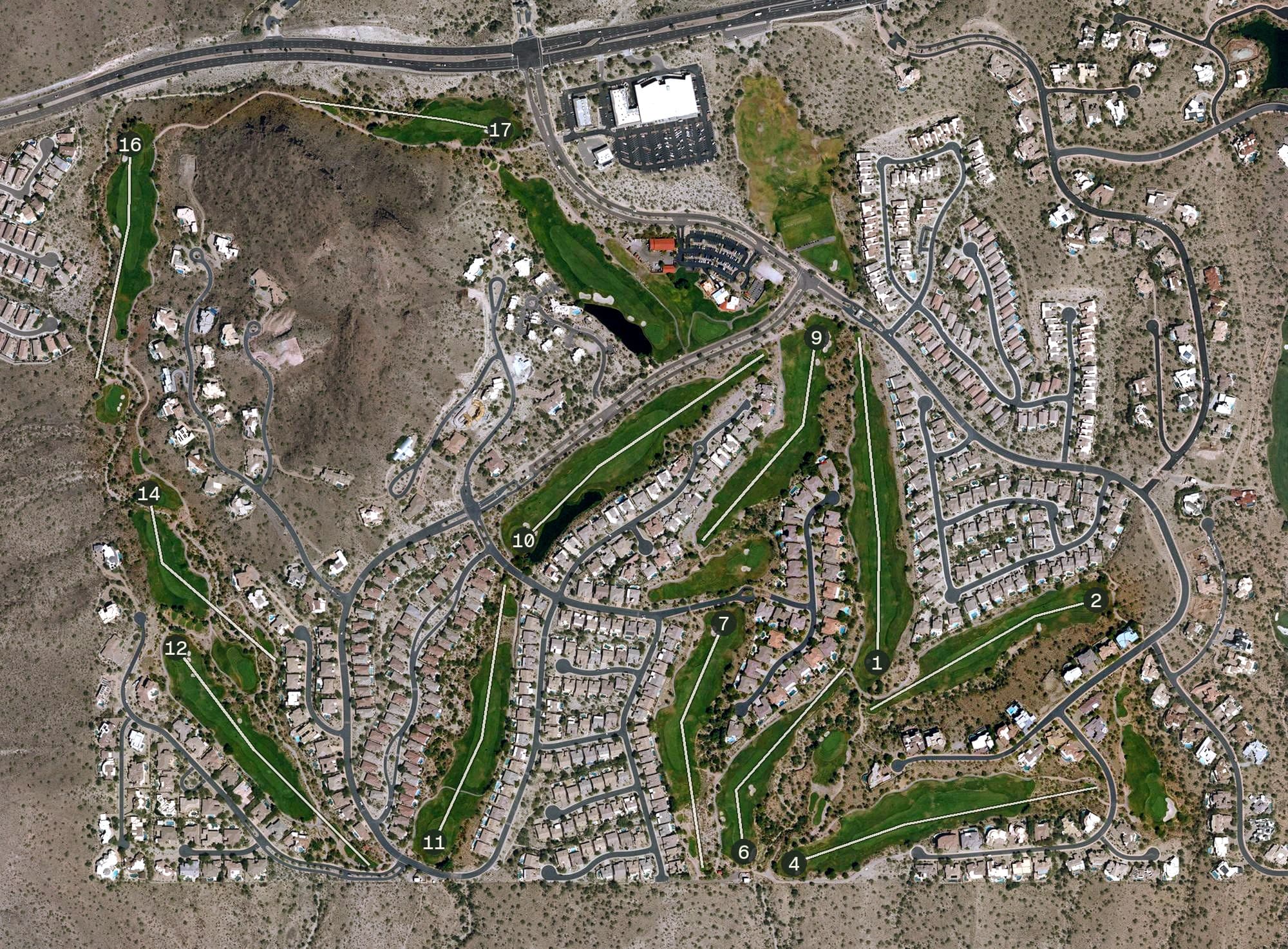 Aerial view of Eagle Mountain Golf Club, AZ, with its hole routing marked