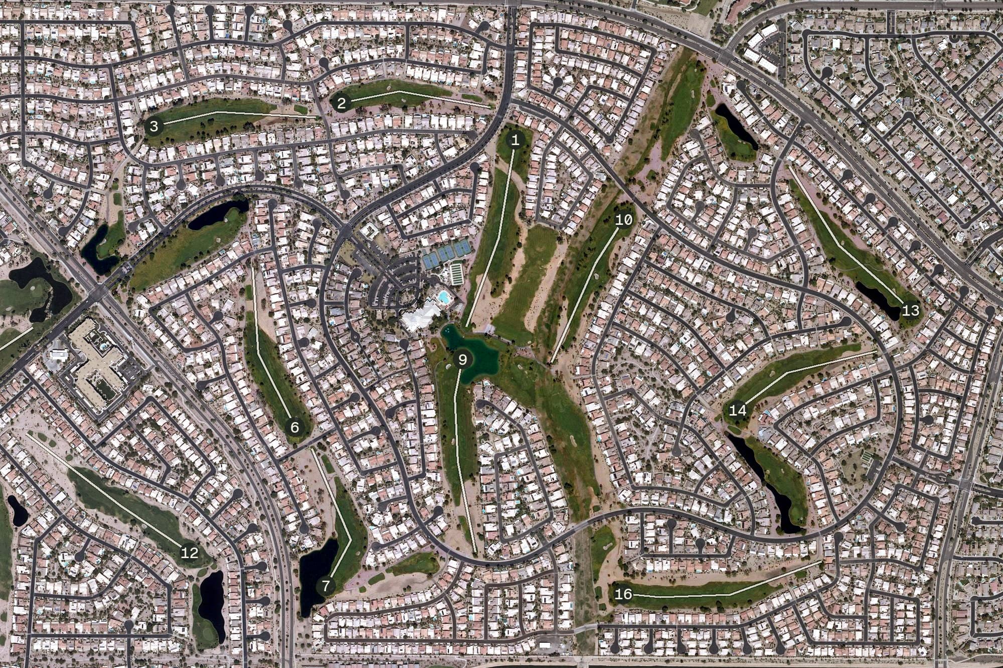Aerial view of Eagle’s Nest at Pebble Creek Golf Course, AZ, with its hole routing marked