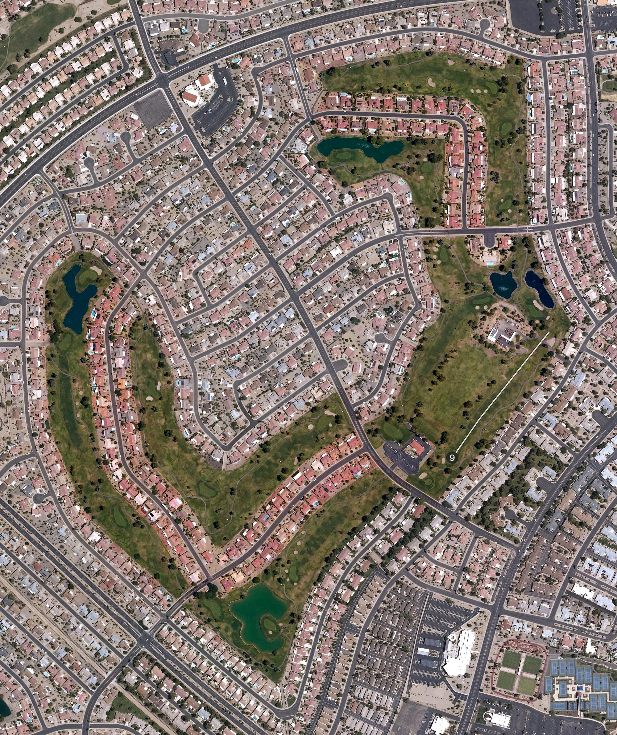 Aerial view of Echo Mesa Golf Course, AZ, with its hole routing marked