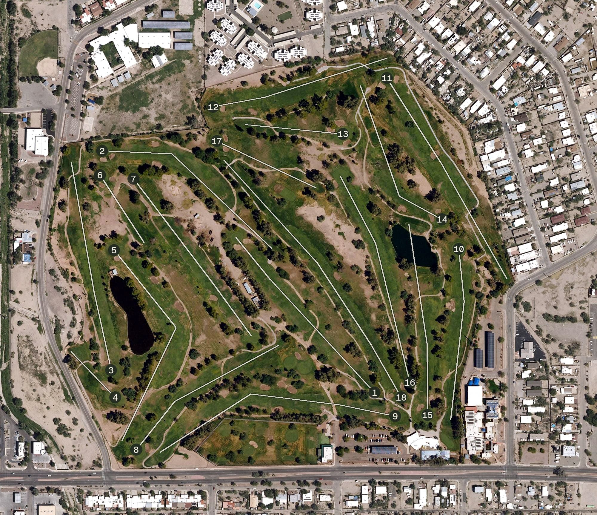Aerial view of El Rio Golf Course, AZ, with its hole routing marked