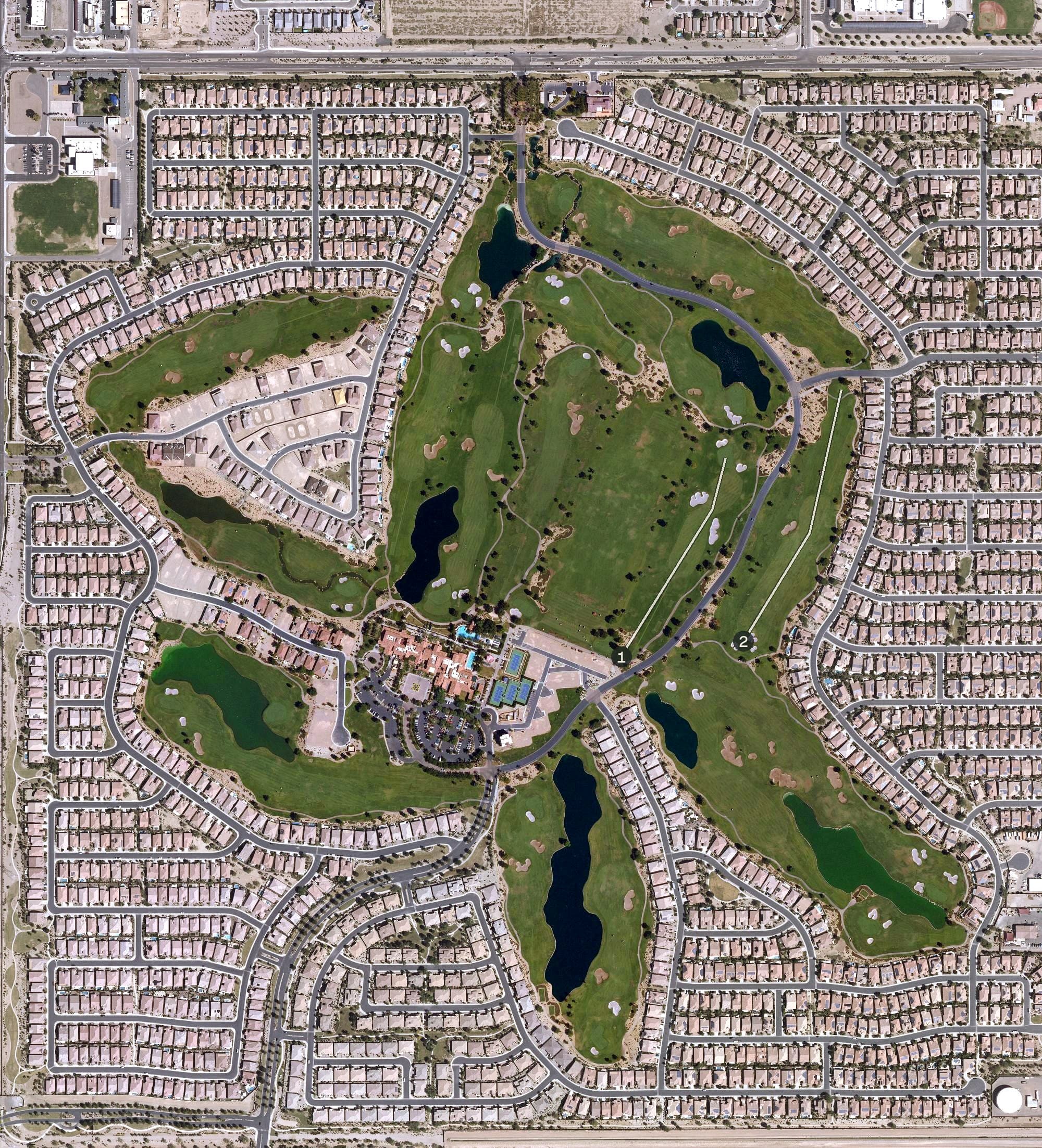 Aerial view of Encanterra Country Club, AZ, with its hole routing marked