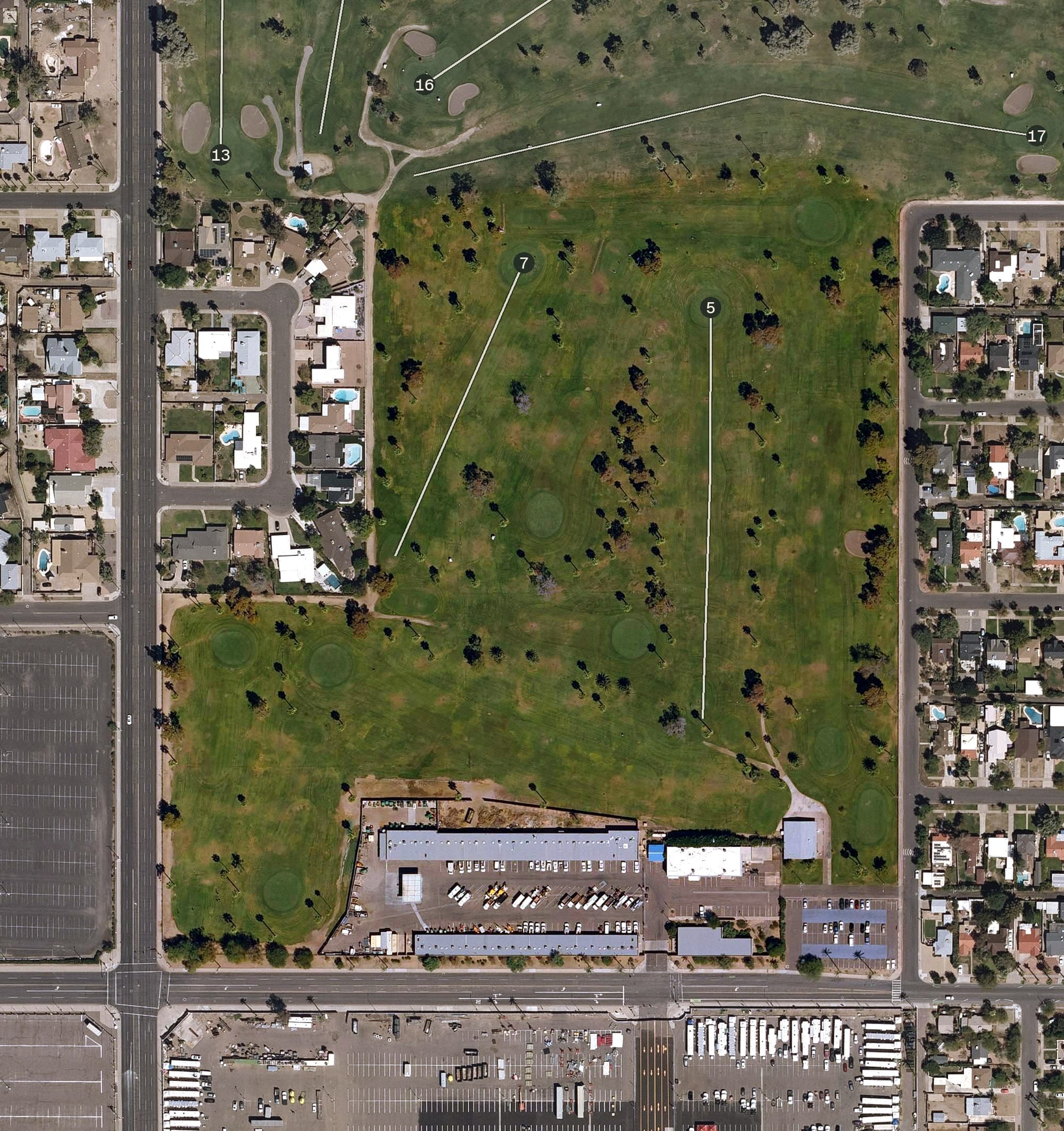 Aerial view of Encanto 9 Hole Executive Golf Course, AZ, with its hole routing marked
