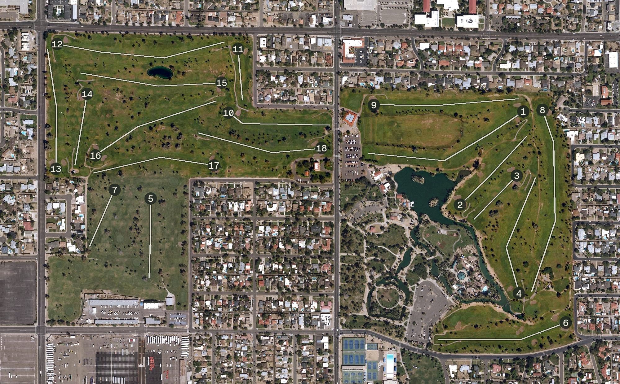 Aerial view of Encanto Golf Course, AZ, with its hole routing marked