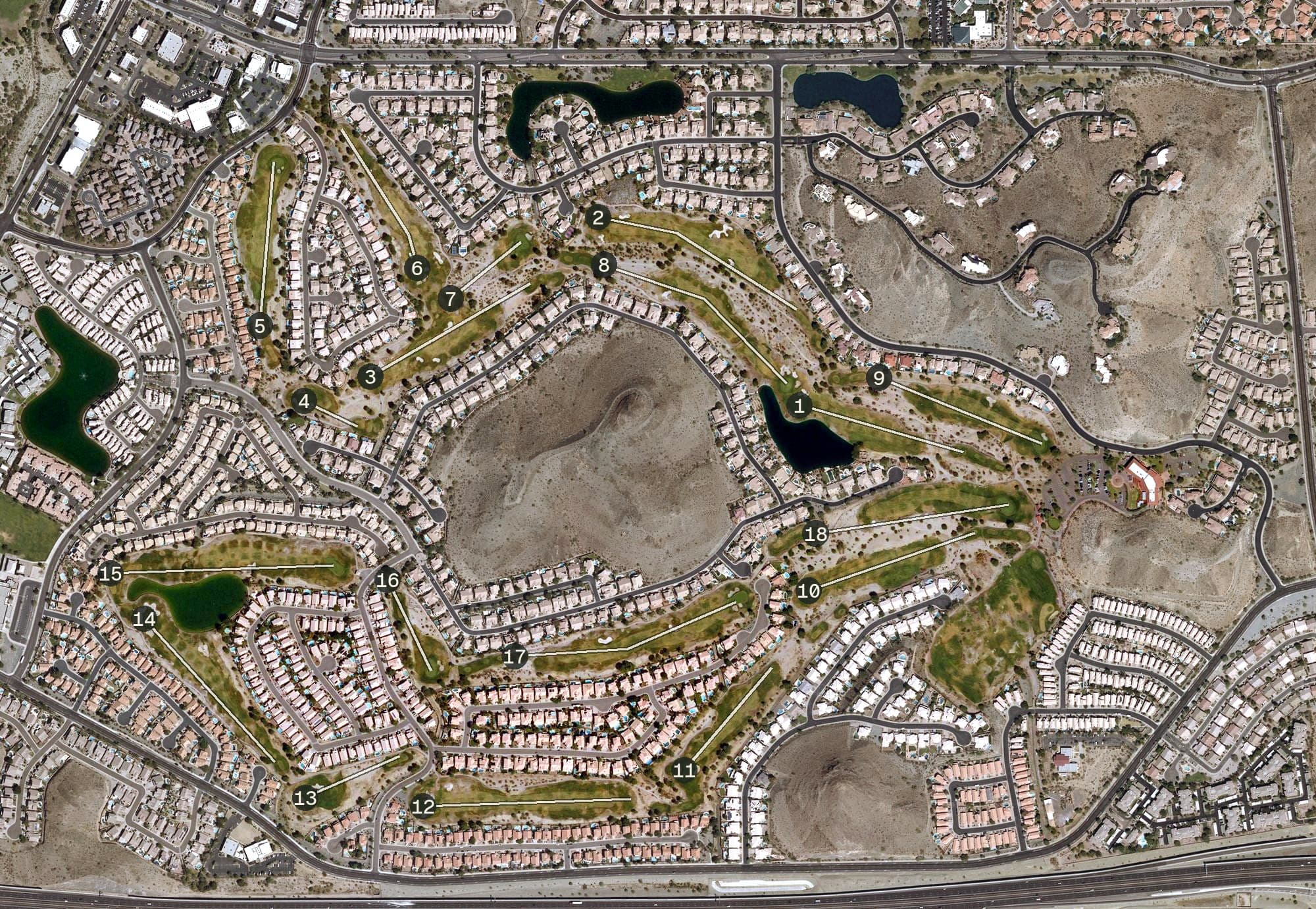 Aerial view of Foothills Golf Club (Phoenix), AZ, with its hole routing marked