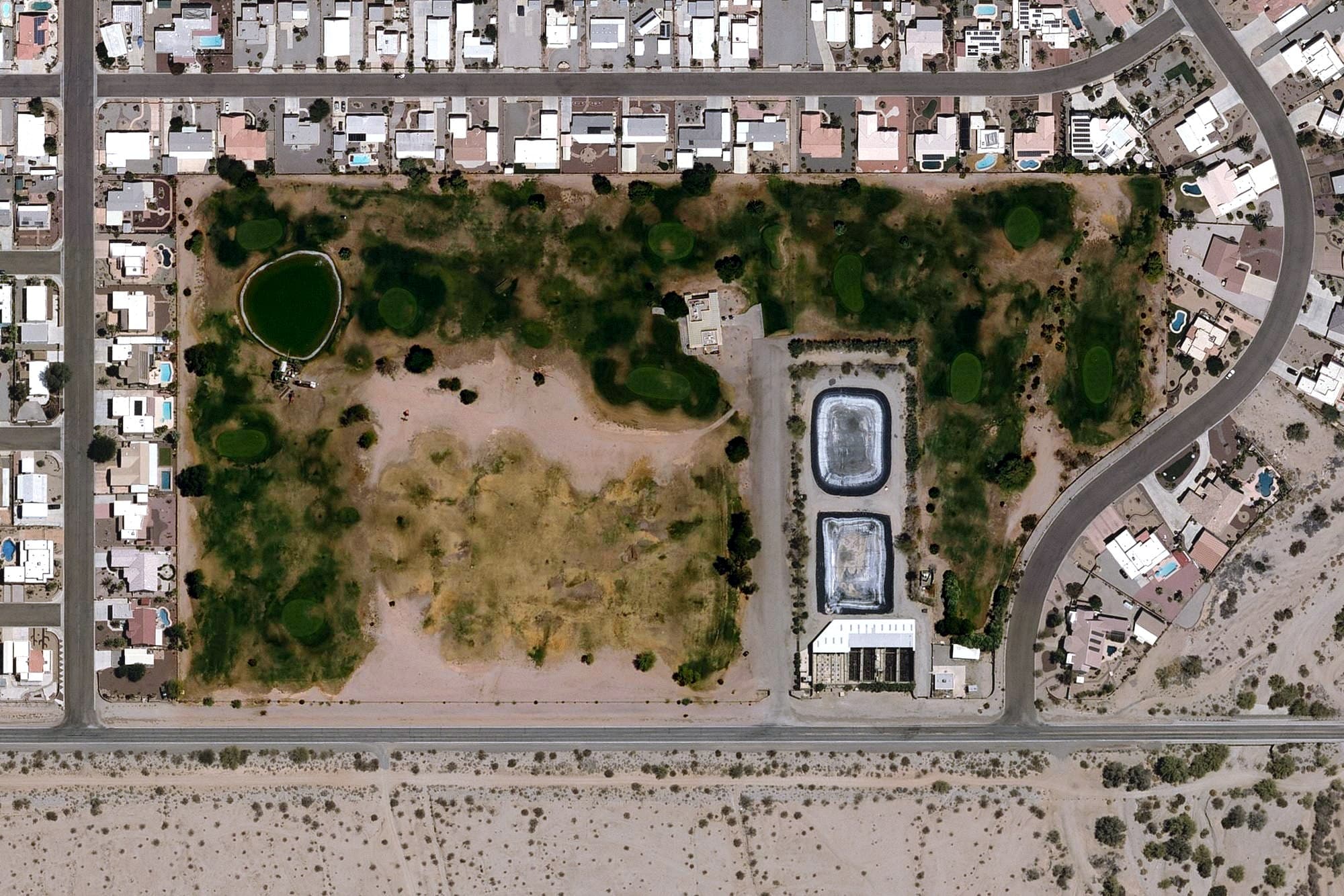 Aerial view of Foothills Par 3 Golf Course, AZ, with its hole routing marked