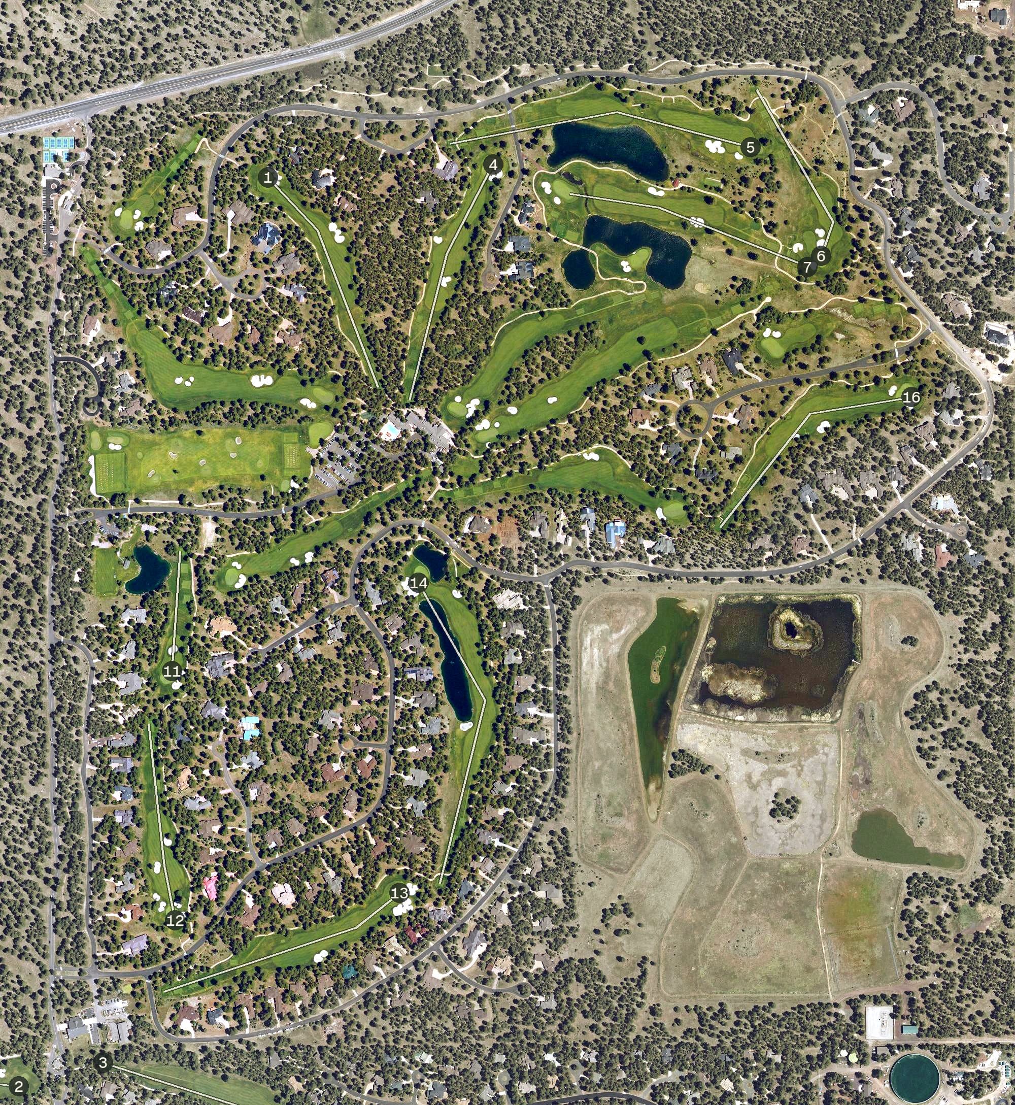 Aerial view of Forest Highlands Golf Club, AZ, with its hole routing marked