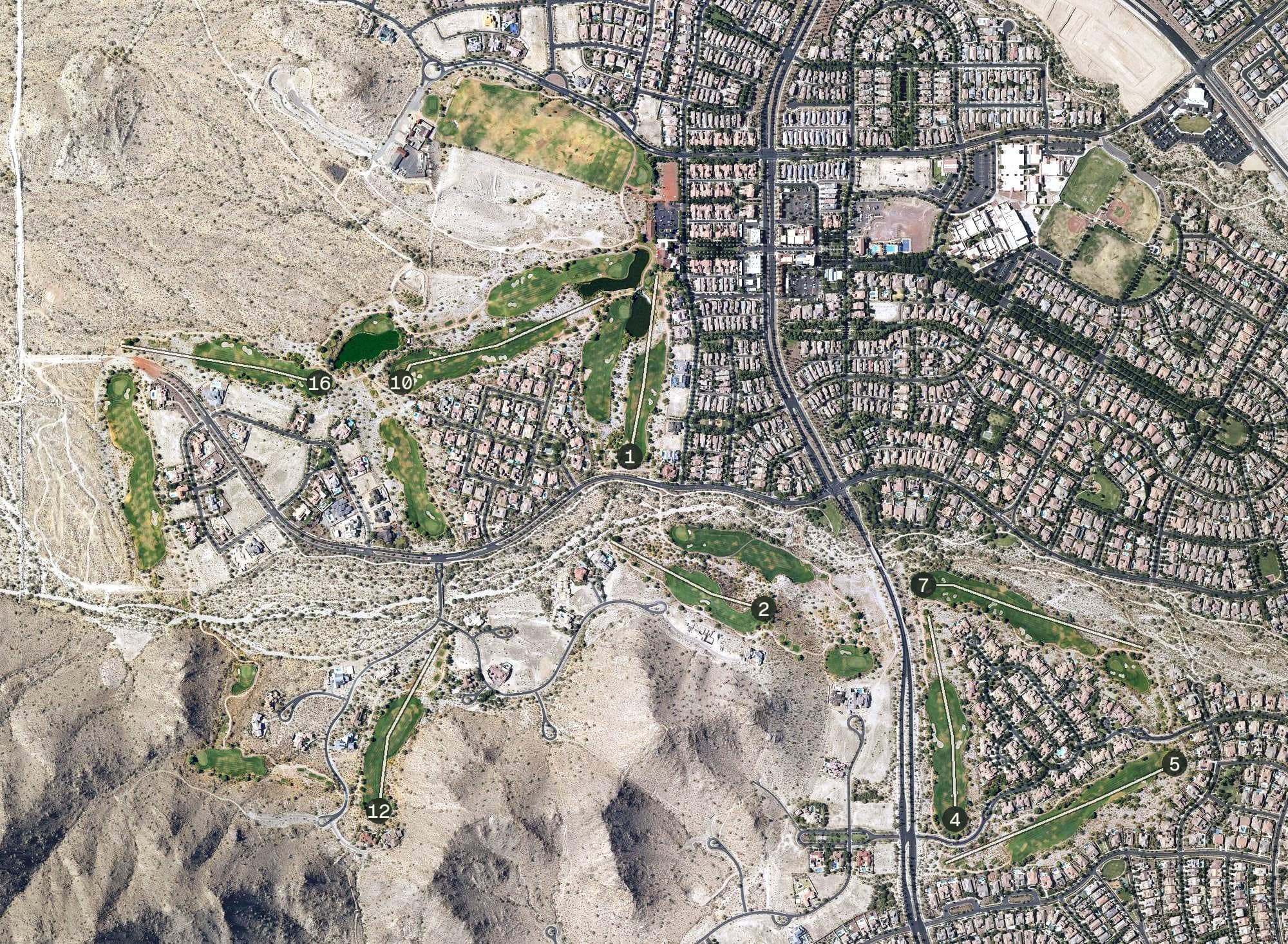 Aerial view of Founder's Course at Verrado Golf Club, AZ, with its hole routing marked