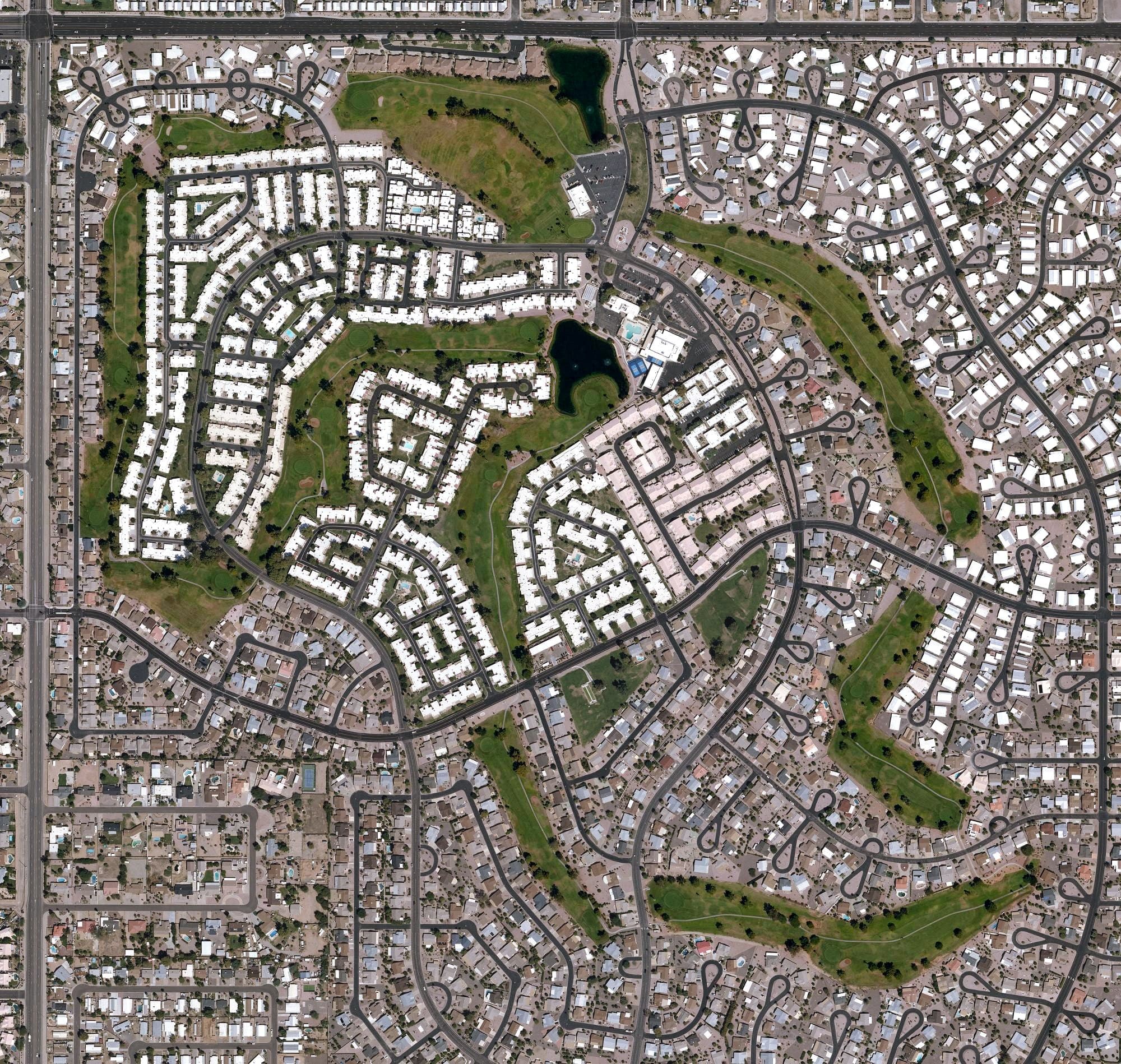 Aerial view of Fountain of the Sun Golf Course, AZ, with its hole routing marked