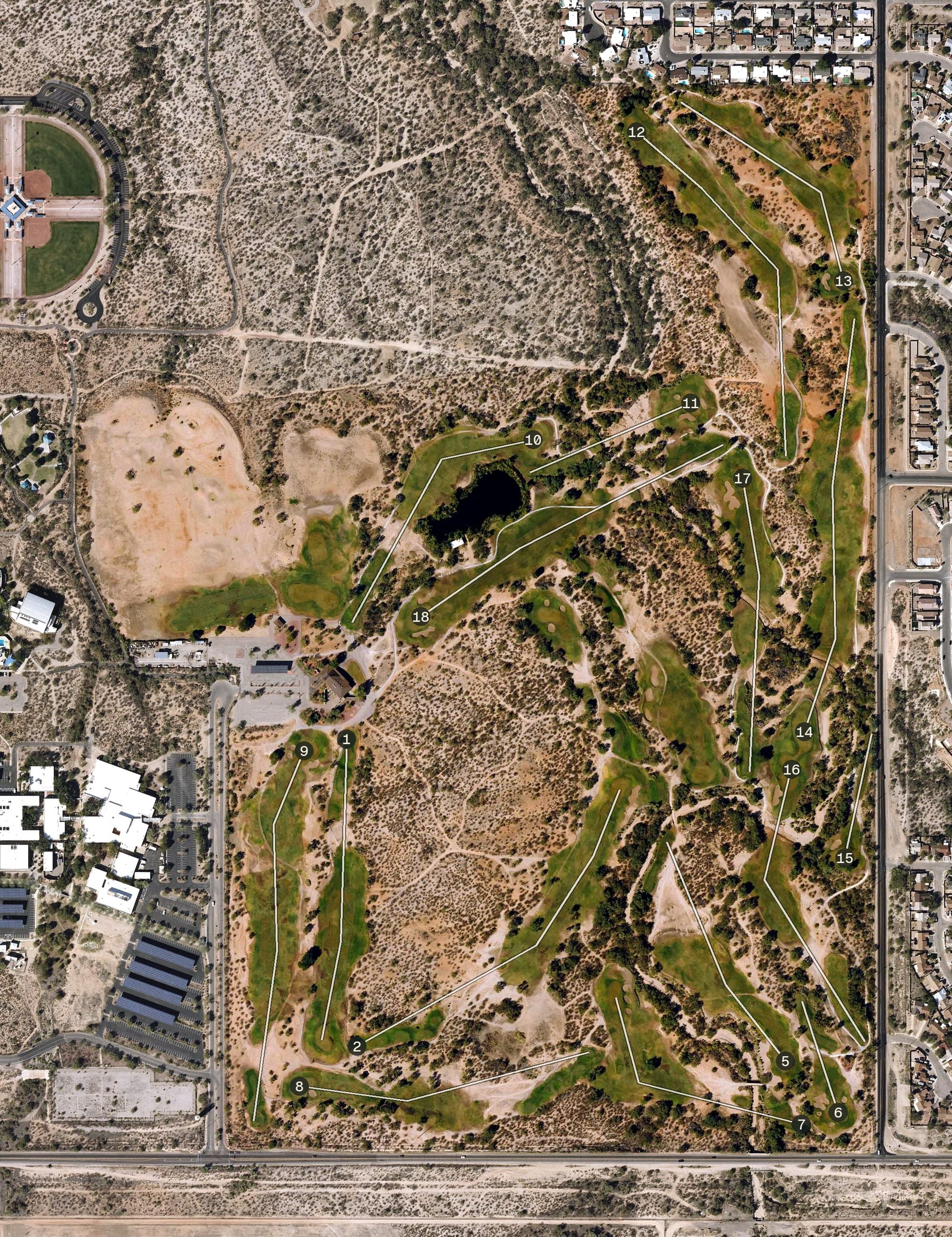 Aerial view of Fred Enke Golf Course, AZ, with its hole routing marked