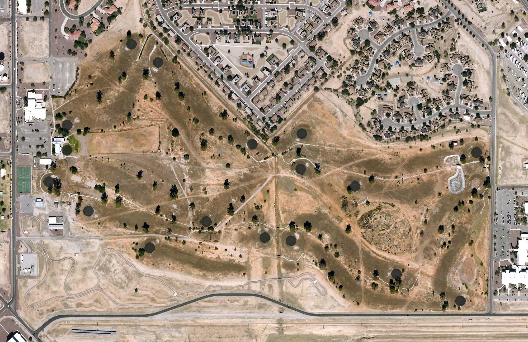 Aerial view of General William Blanchard Golf Course, AZ, with its hole routing marked