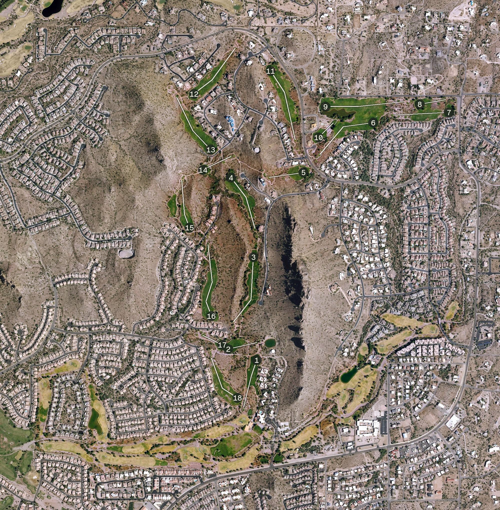 Aerial view of Gold Canyon Golf Resort, AZ, with its hole routing marked