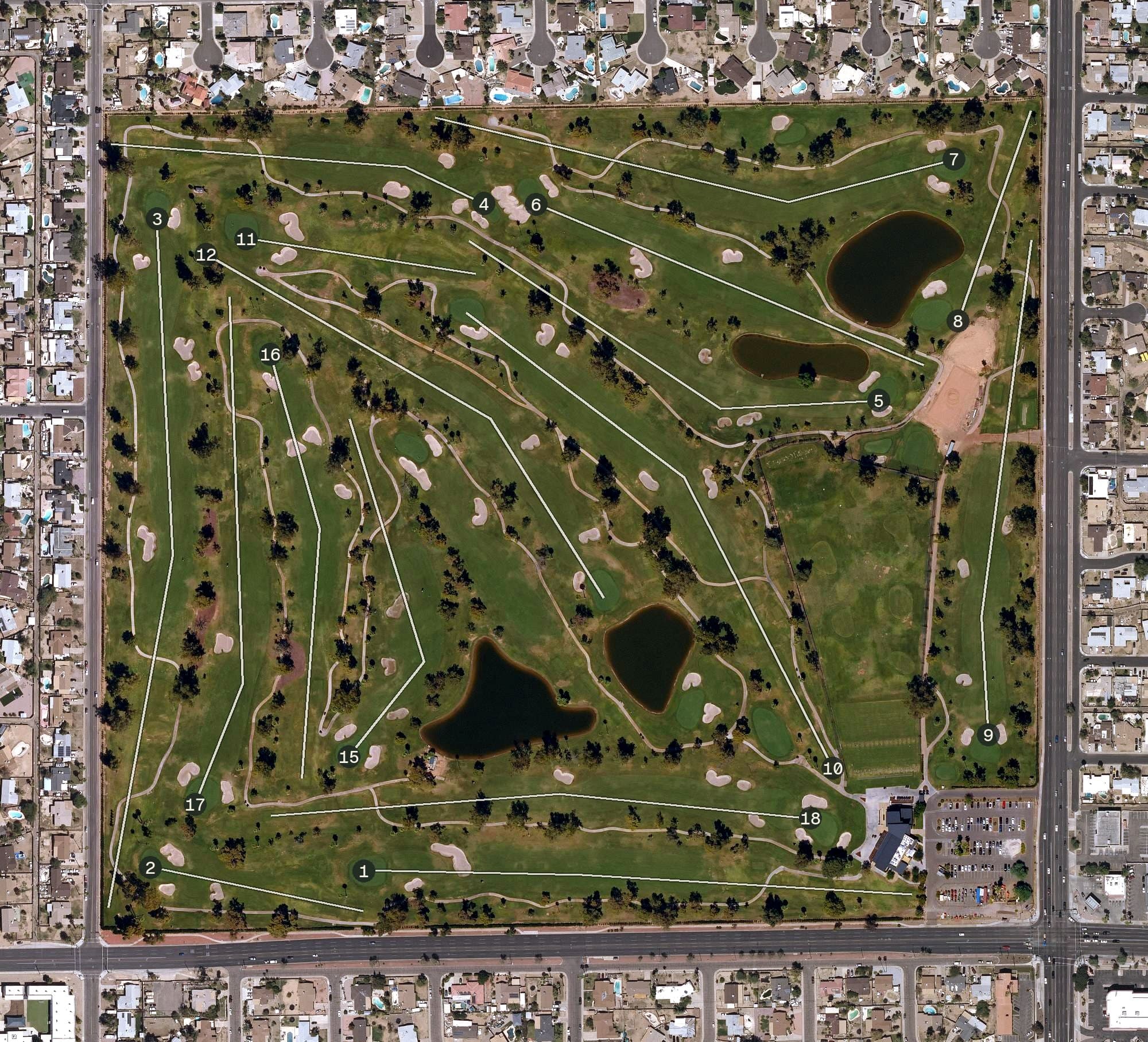 Aerial view of Grand Canyon University Golf Course, AZ, with its hole routing marked
