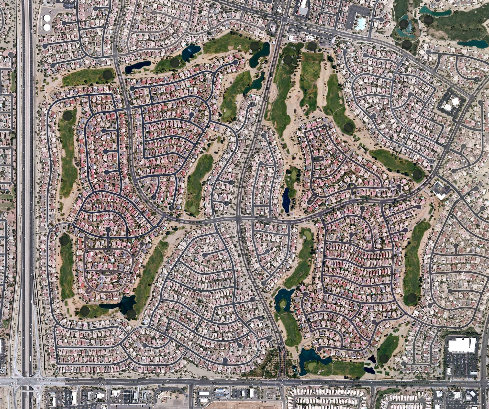Aerial view of Granite Falls Golf Club - South, AZ, with its hole routing marked