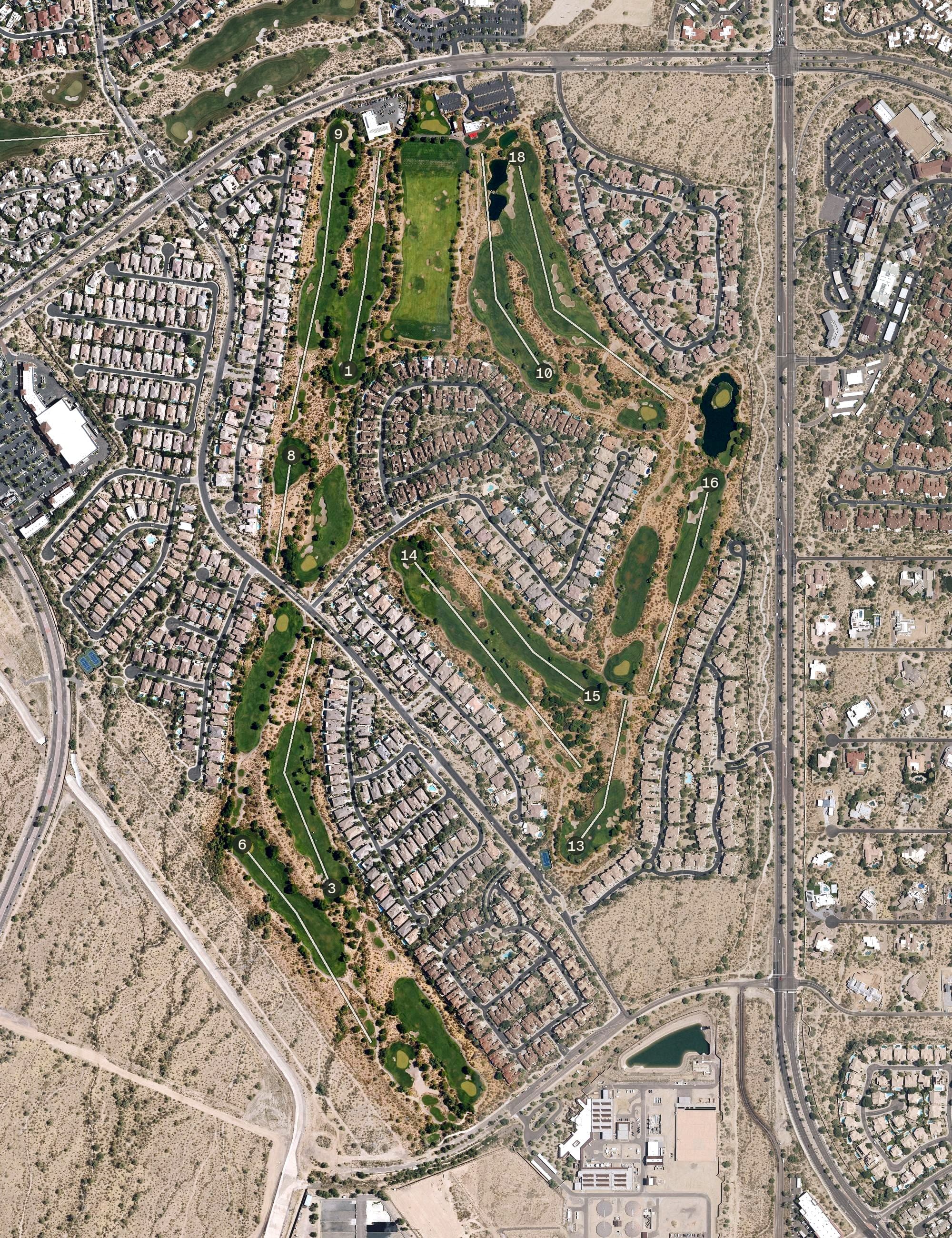 Aerial view of Grayhawk Golf Club - Talon Course, AZ, with its hole routing marked