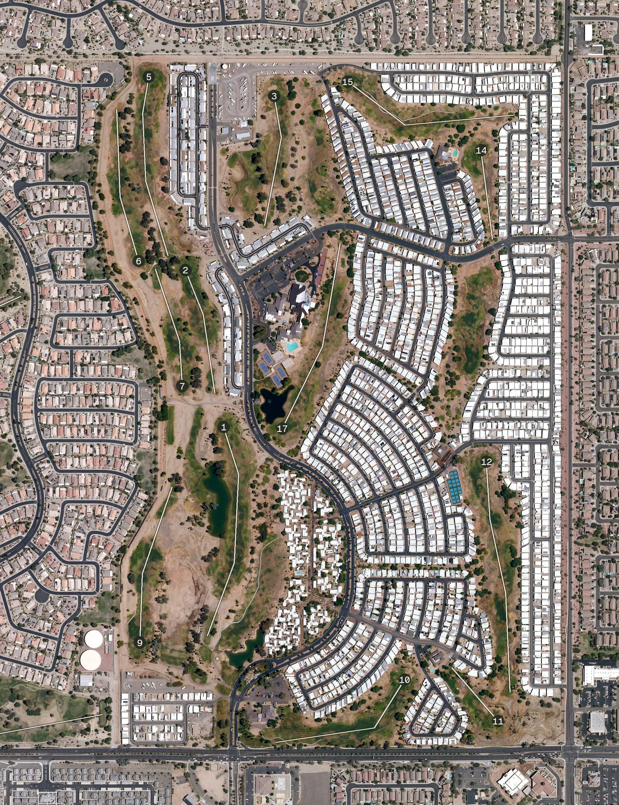Aerial view of Great Eagle Golf Club, AZ, with its hole routing marked