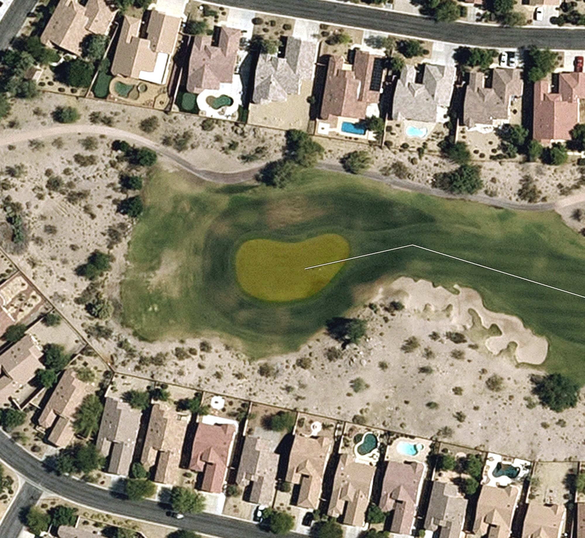 Aerial view of green #4, AZ, with its hole routing marked