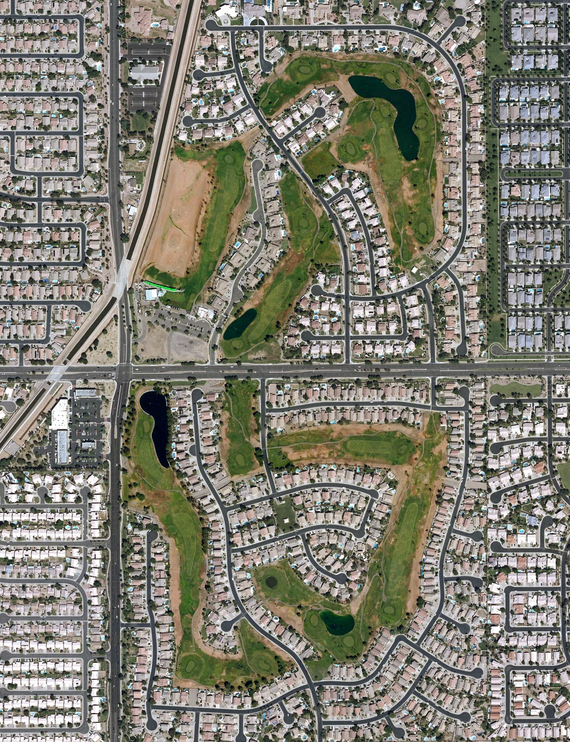 Aerial view of Greenfield Lakes Golf Course, AZ, with its hole routing marked