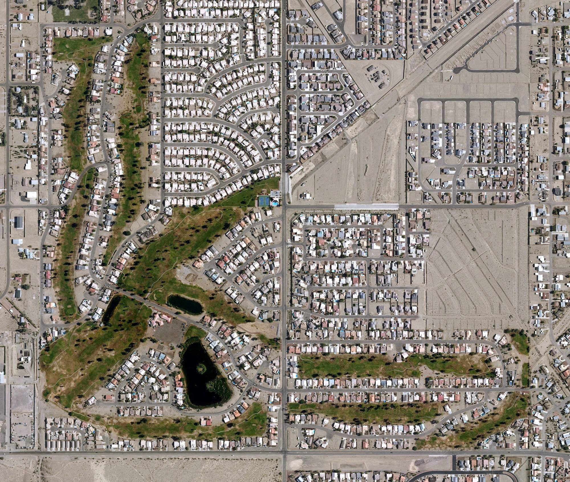 Aerial view of Huukan Golf Club (ex Desert Lakes Golf Course), AZ, with its hole routing marked