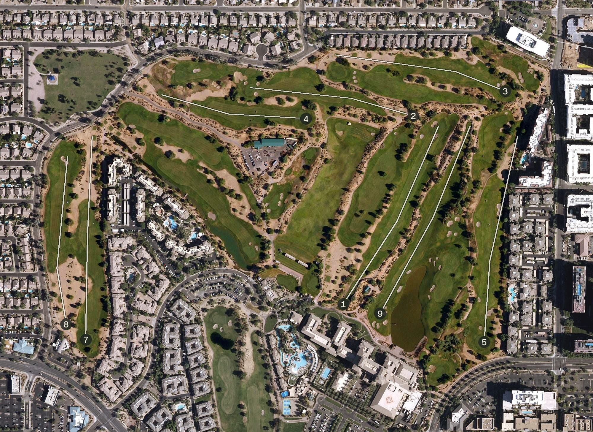 Aerial view of Ironwood & Acacia Courses, AZ, with its hole routing marked
