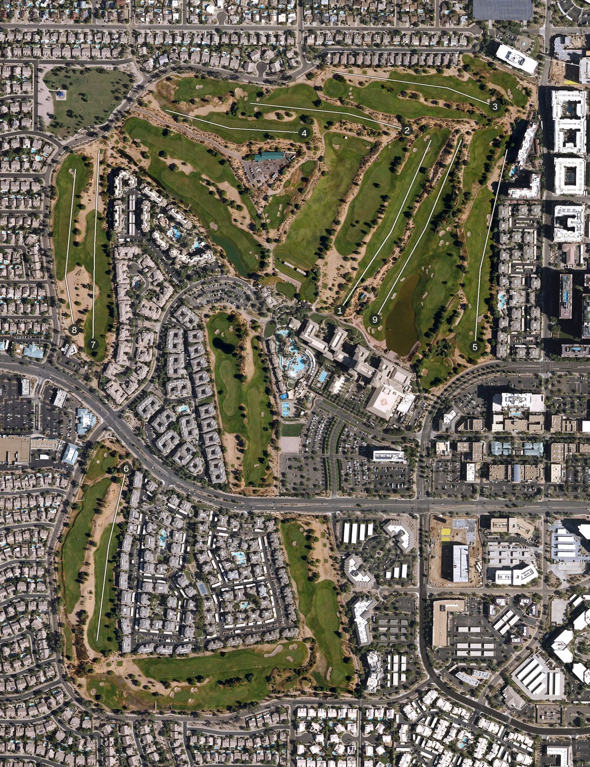 Aerial view of Kierland Golf Club, AZ, with its hole routing marked