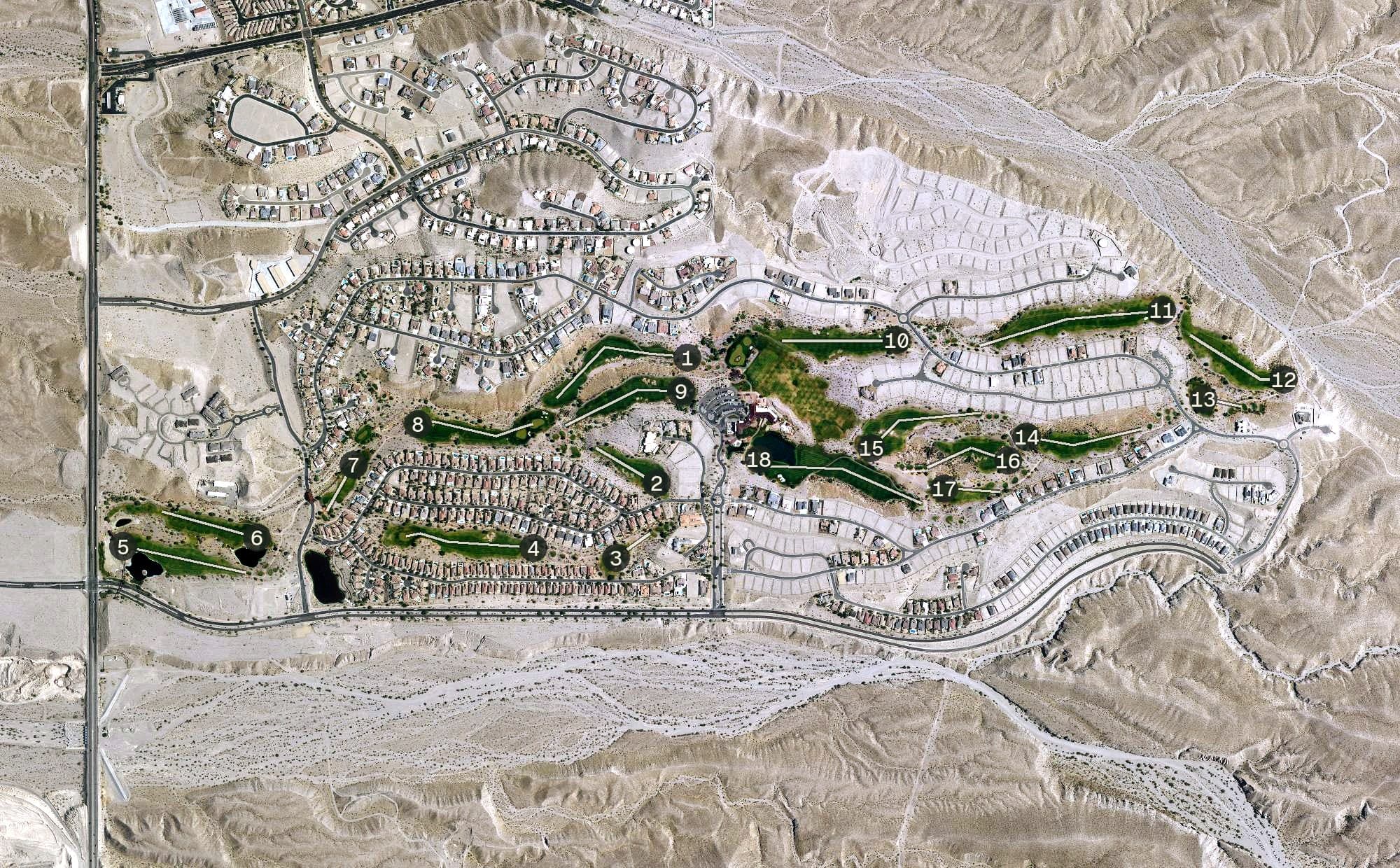Aerial view of Laughlin Ranch Golf Course, AZ, with its hole routing marked