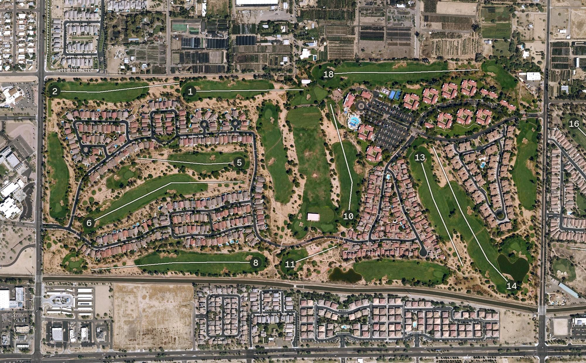 Aerial view of Legacy Golf Resort Phoenix, AZ, with its hole routing marked