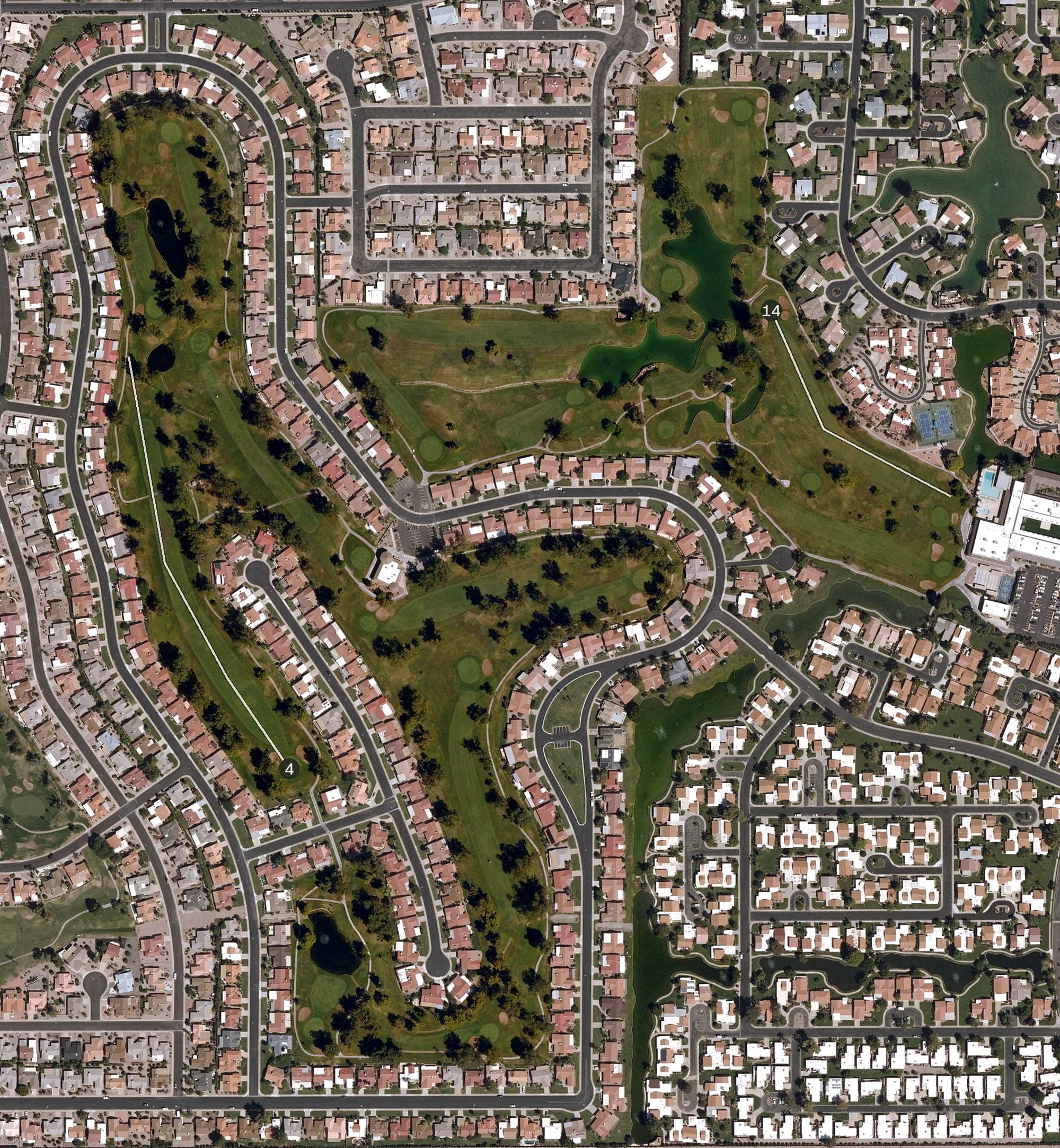 Aerial view of Leisure World - Heron Lakes Golf Course, AZ, with its hole routing marked