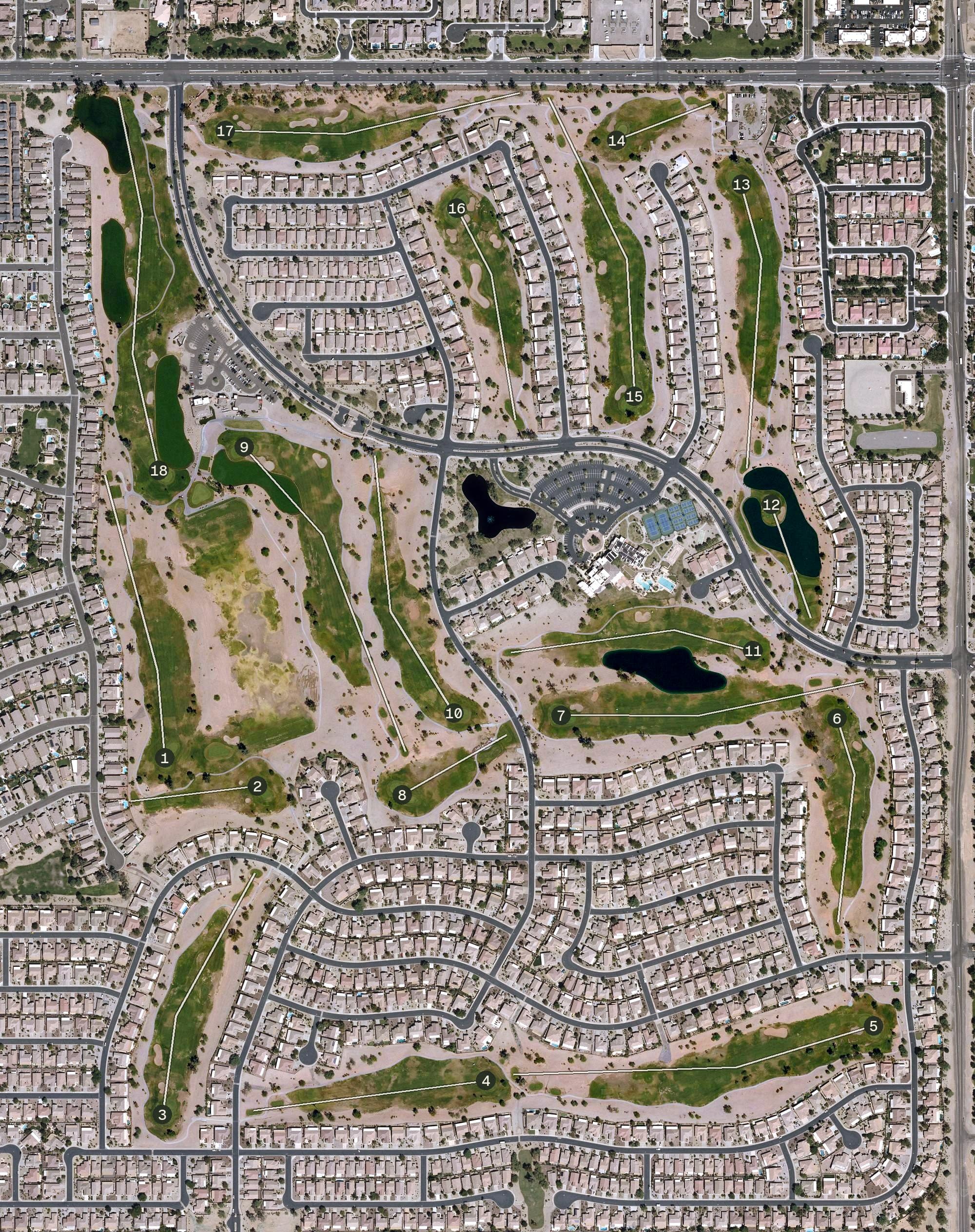 Aerial view of Lone Tree Golf Club, AZ, with its hole routing marked