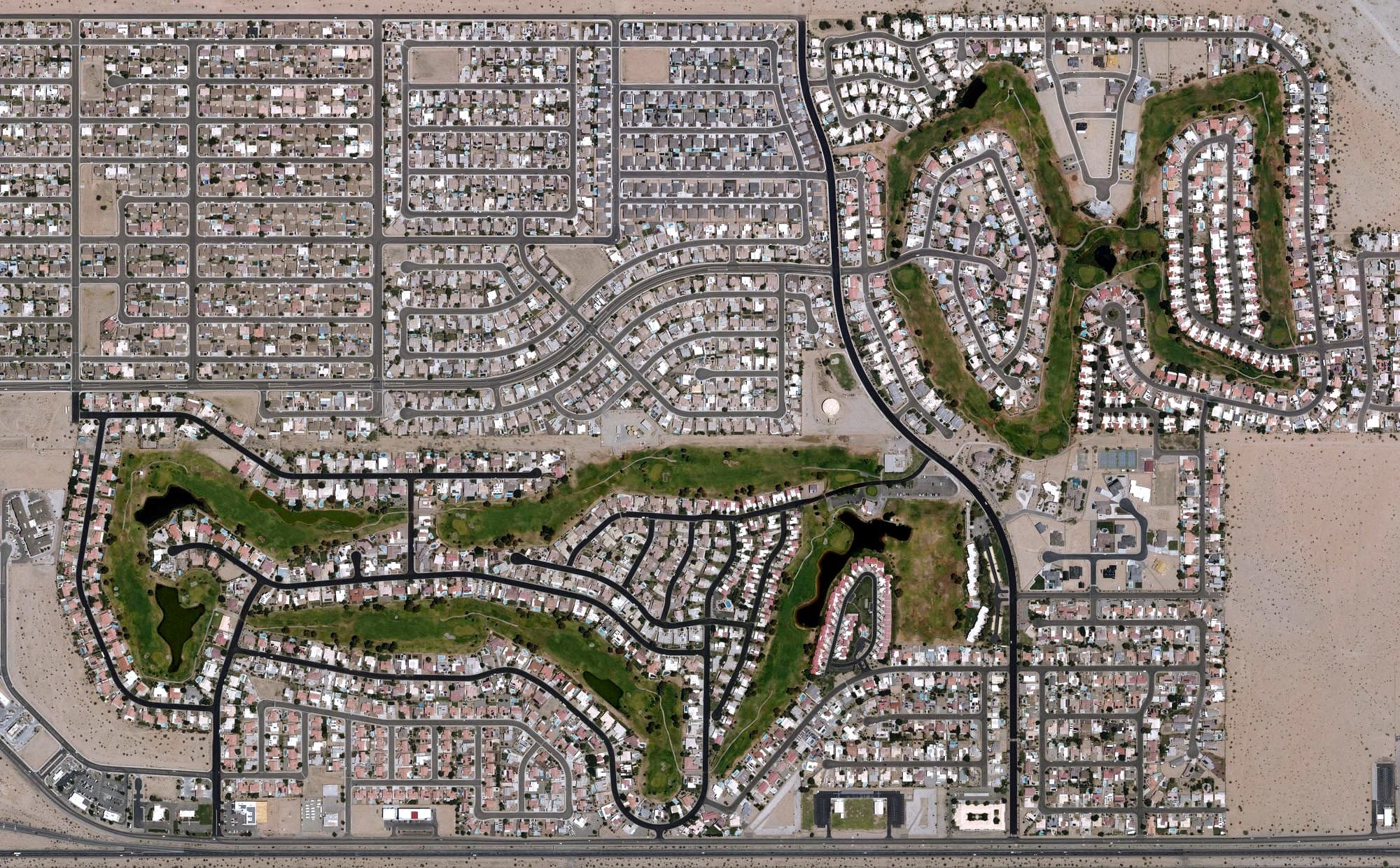 Aerial view of Mesa Del Sol Golf Club, AZ, with its hole routing marked