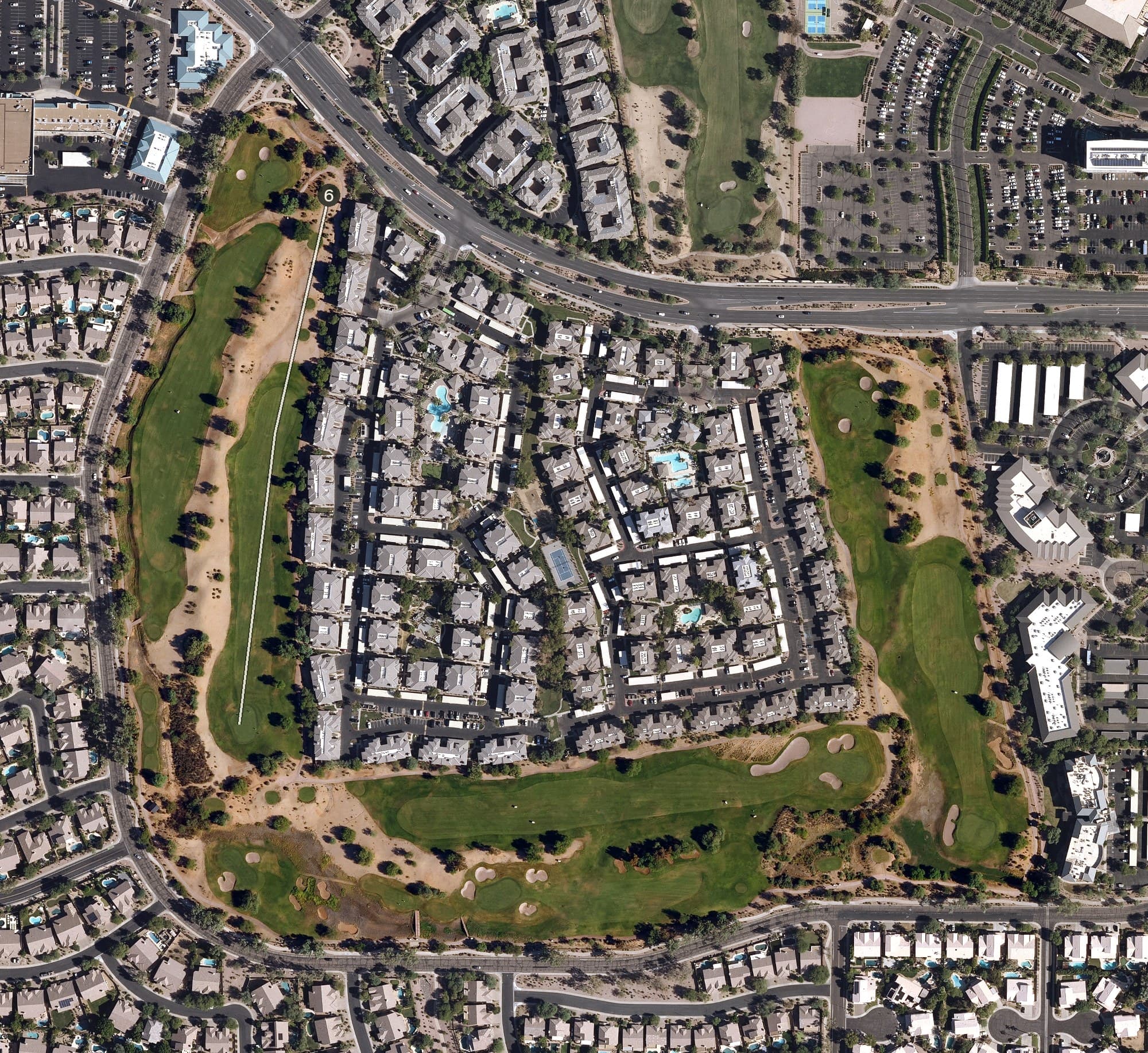 Aerial view of Mesquite Course, AZ, with its hole routing marked