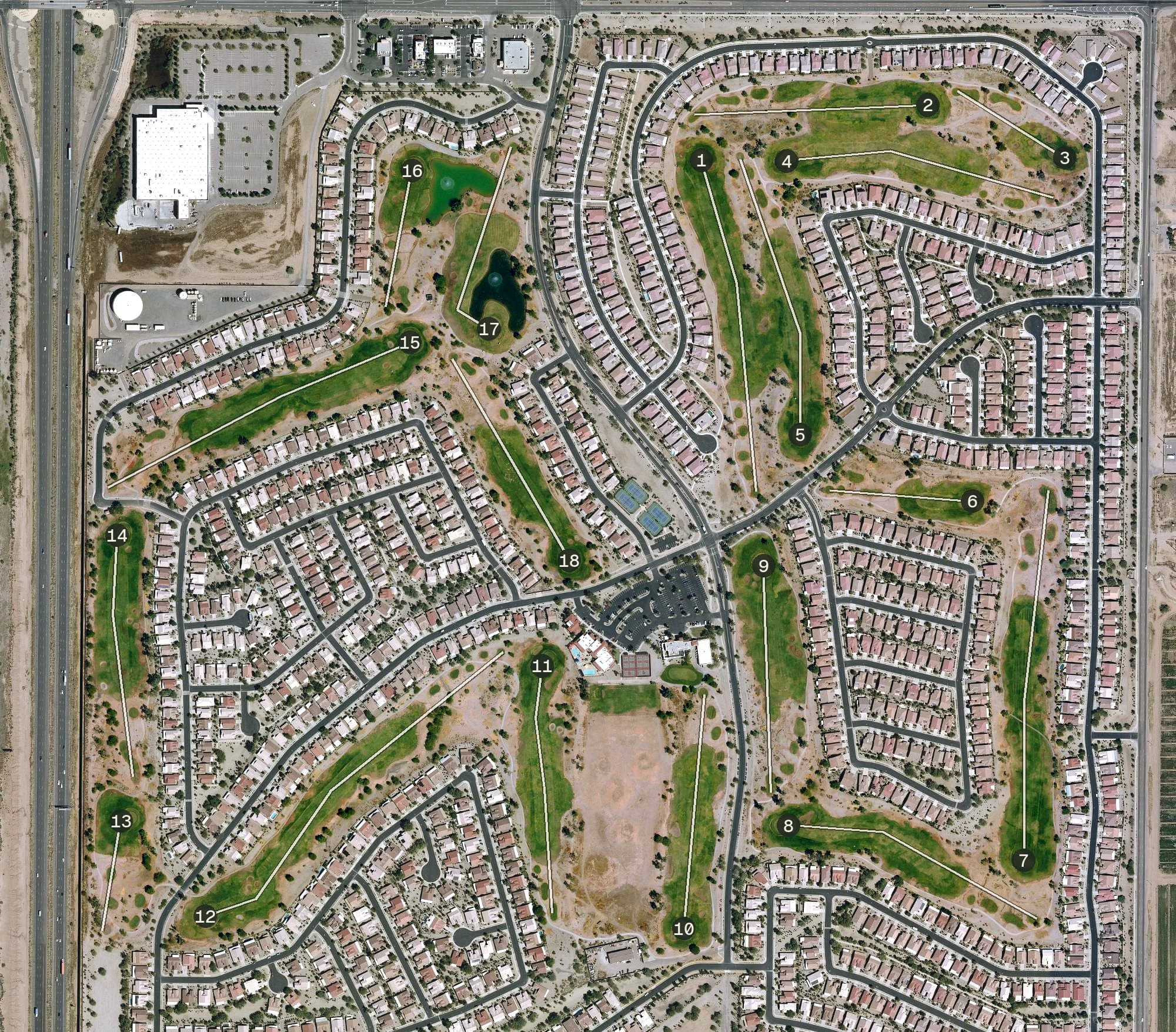 Aerial view of Mission Royale Golf Club, AZ, with its hole routing marked