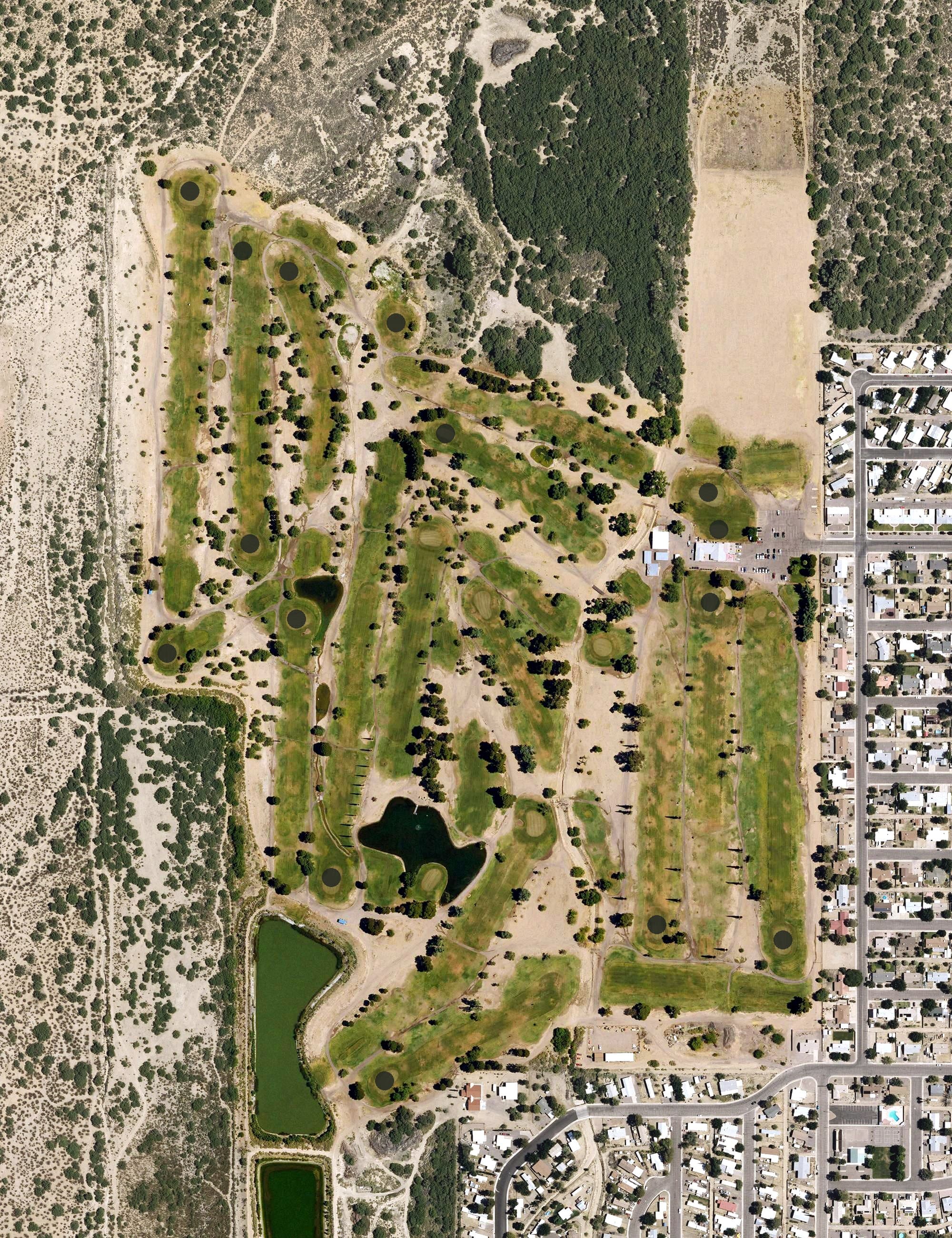 Aerial view of Mount Graham Golf Course, AZ, with its hole routing marked