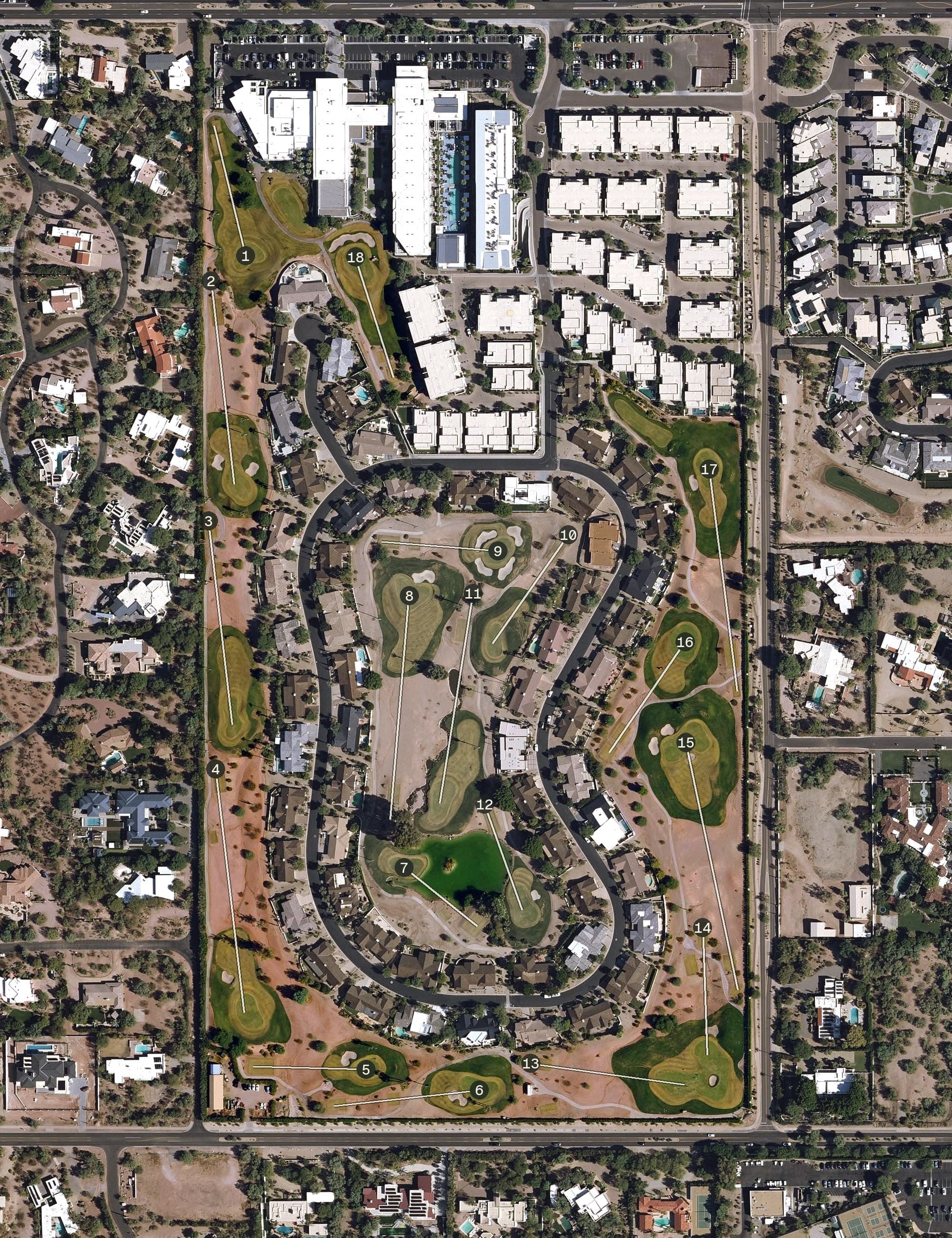 Aerial view of Mountain Shadows Golf Course, AZ, with its hole routing marked