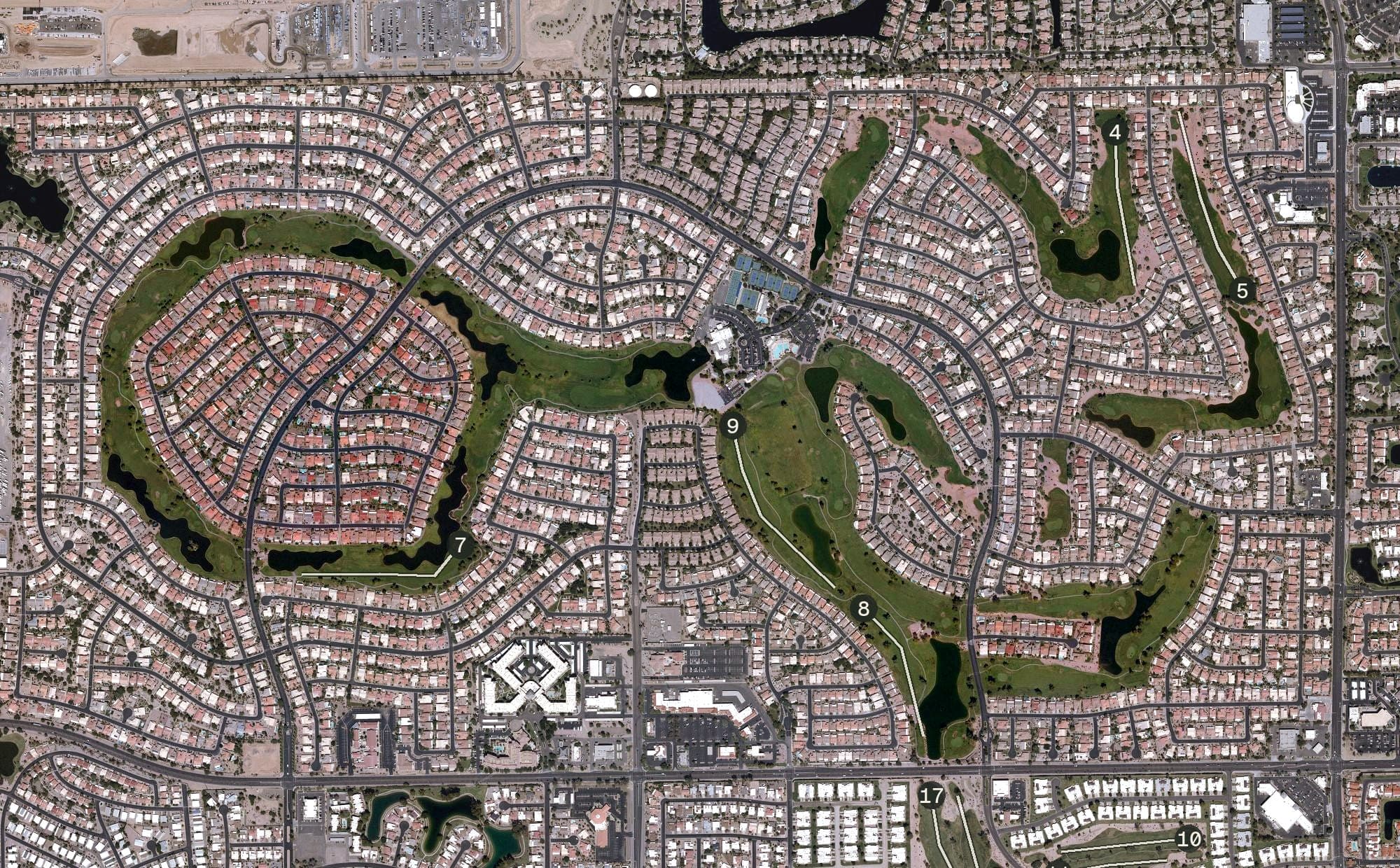 Aerial view of Oakwood Golf Club, AZ, with its hole routing marked