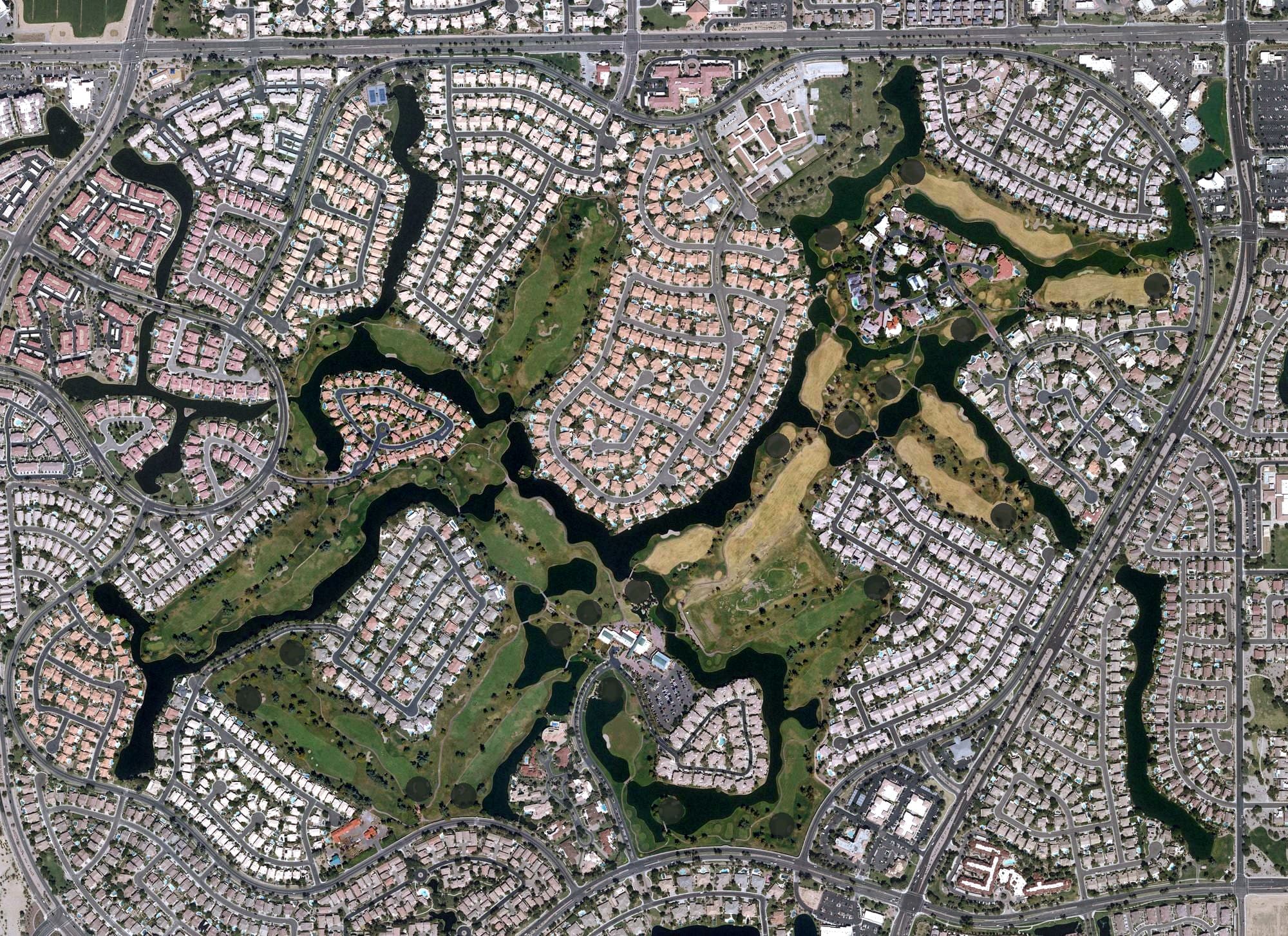 Aerial view of Ocotillo Golf Resort, AZ, with its hole routing marked