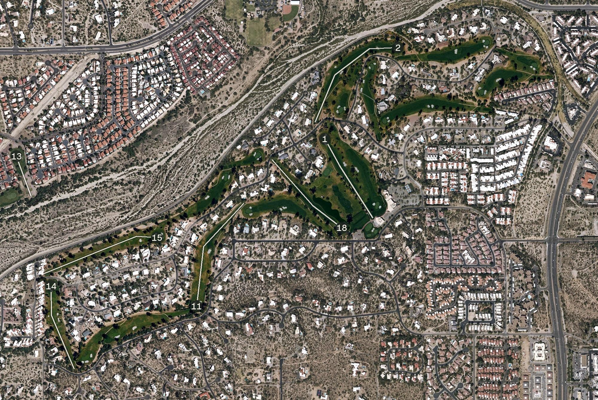 Aerial view of Oro Valley Country Club Golf Course, AZ, with its hole routing marked
